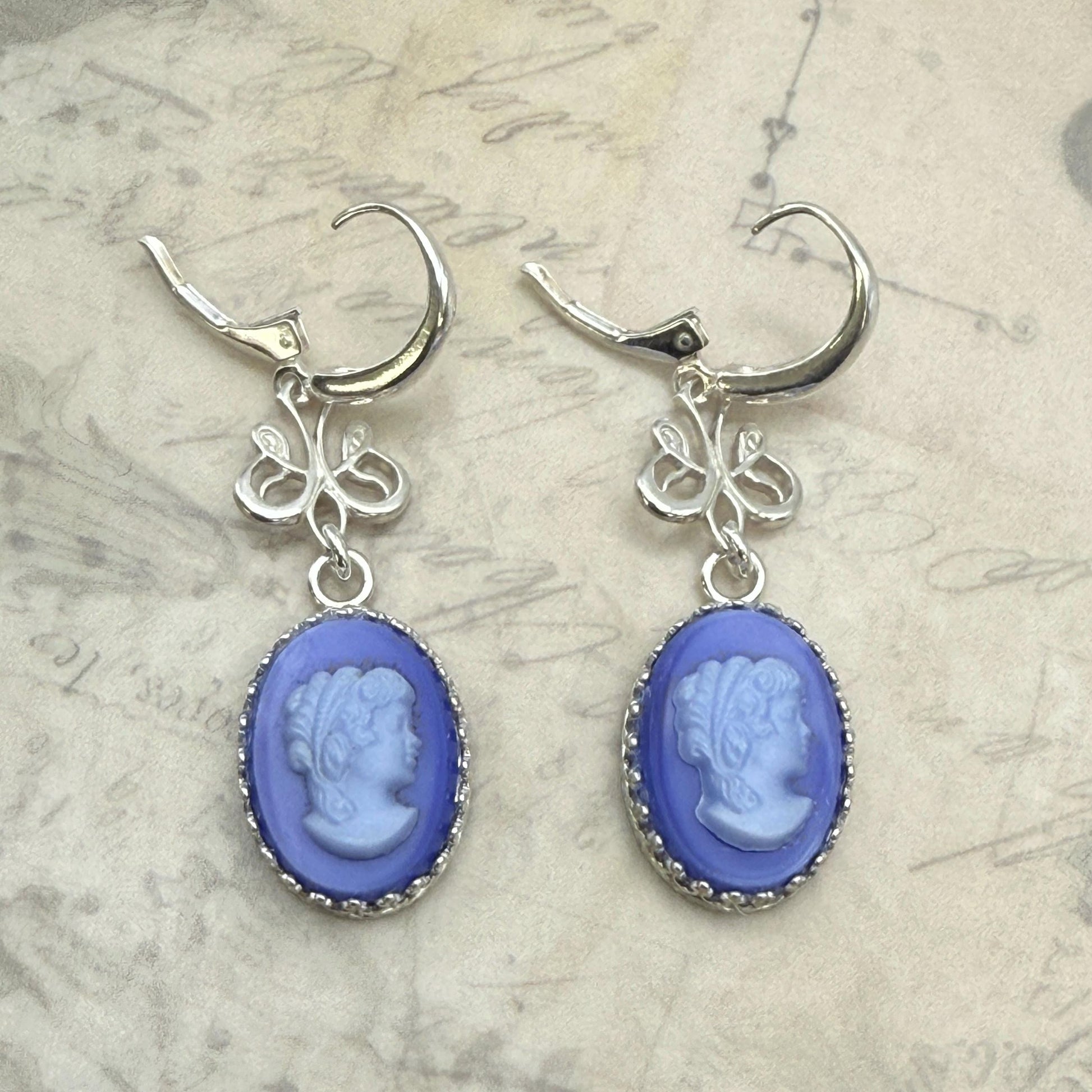 Victorian Cameo Earrings, Blue Wedding Jewelry, Vintage Glass Cameos, Unique Gifts for Women