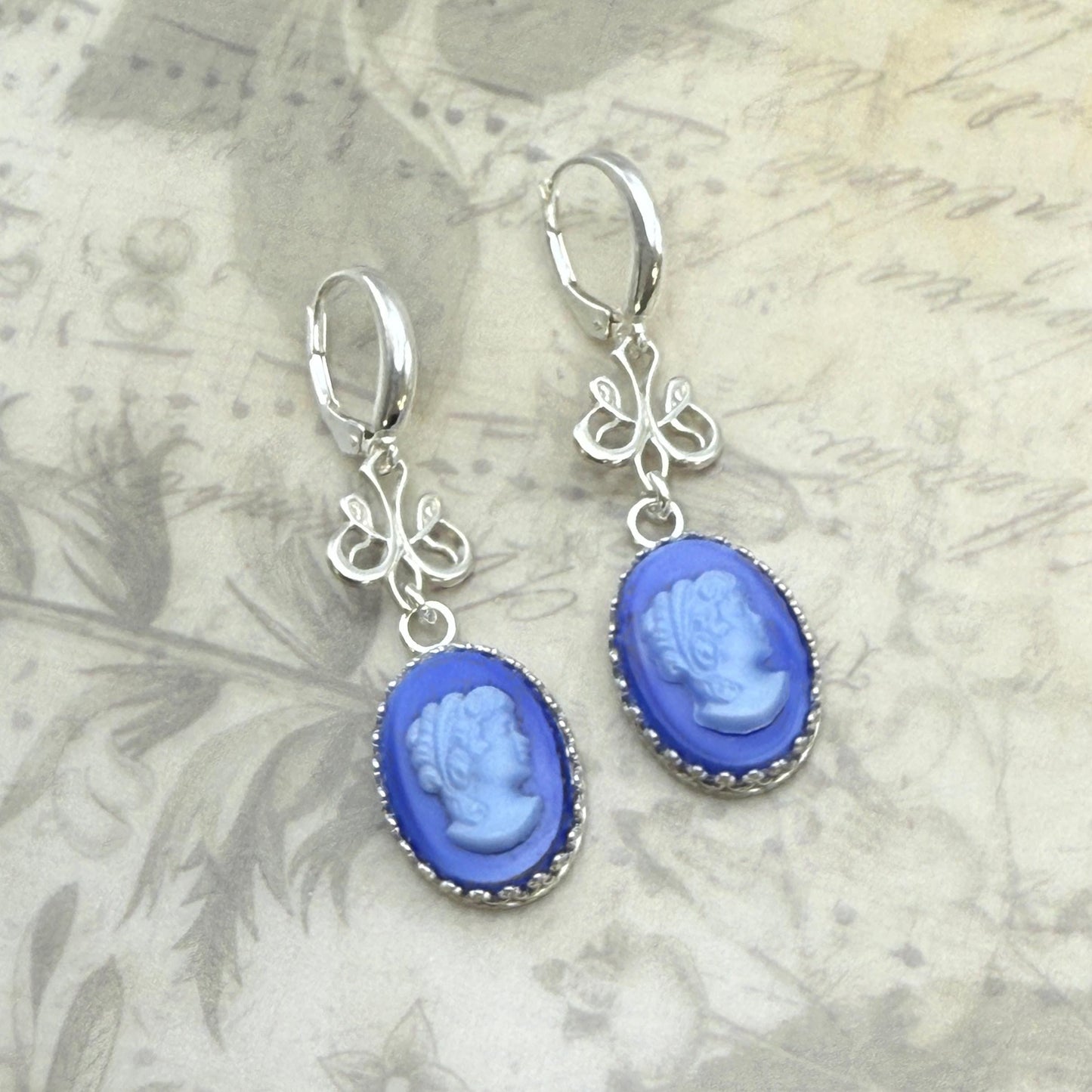 Victorian Cameo Earrings, Blue Wedding Jewelry, Vintage Glass Cameos, Unique Gifts for Women