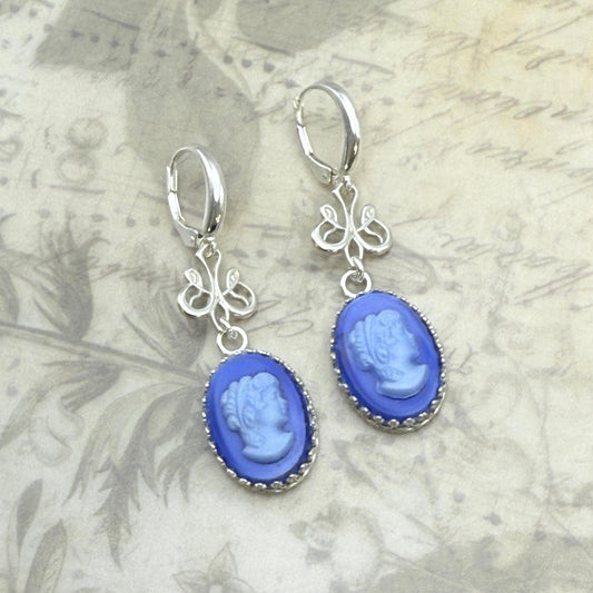 Victorian Cameo Earrings, Blue Wedding Jewelry, Vintage Glass Cameos, Unique Gifts for Women