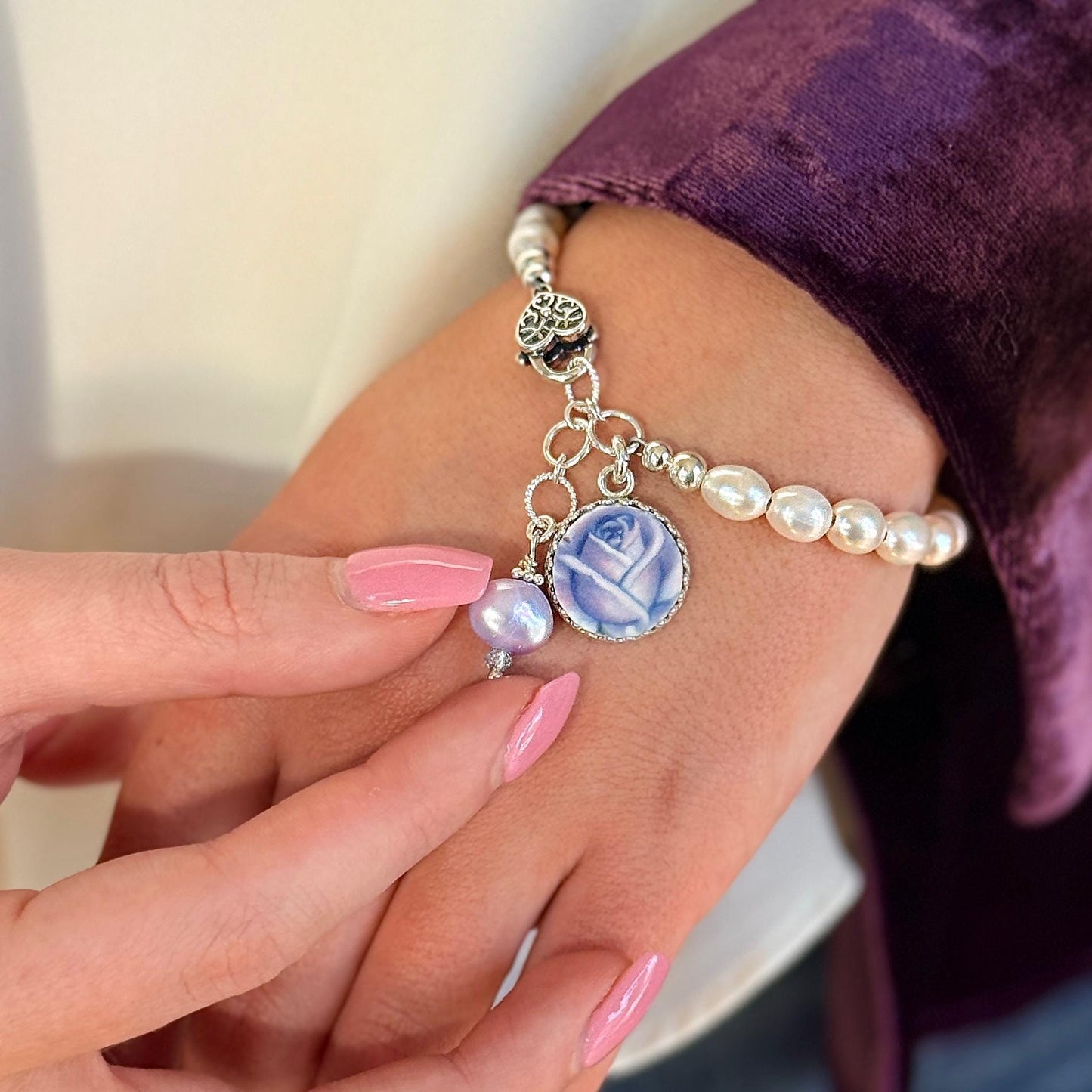 Traditional 20th Wedding Anniversary Gift for Wife, Broken China Jewelry Pearl Bracelet, Moonlight Rose