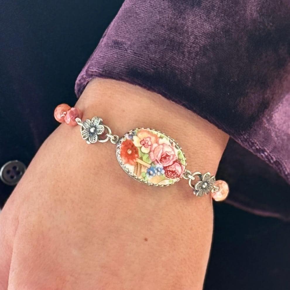 Unique 2nd Wedding Anniversary Gifts for Wife, Vintage China, Handmade in USA, Gemstone Jewelry Bracelet