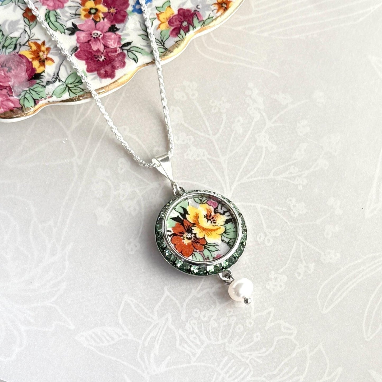 Colorful Poppy Pearl Necklace, 20th Anniversary Gift for Wife, Crystal Broken China Jewelry