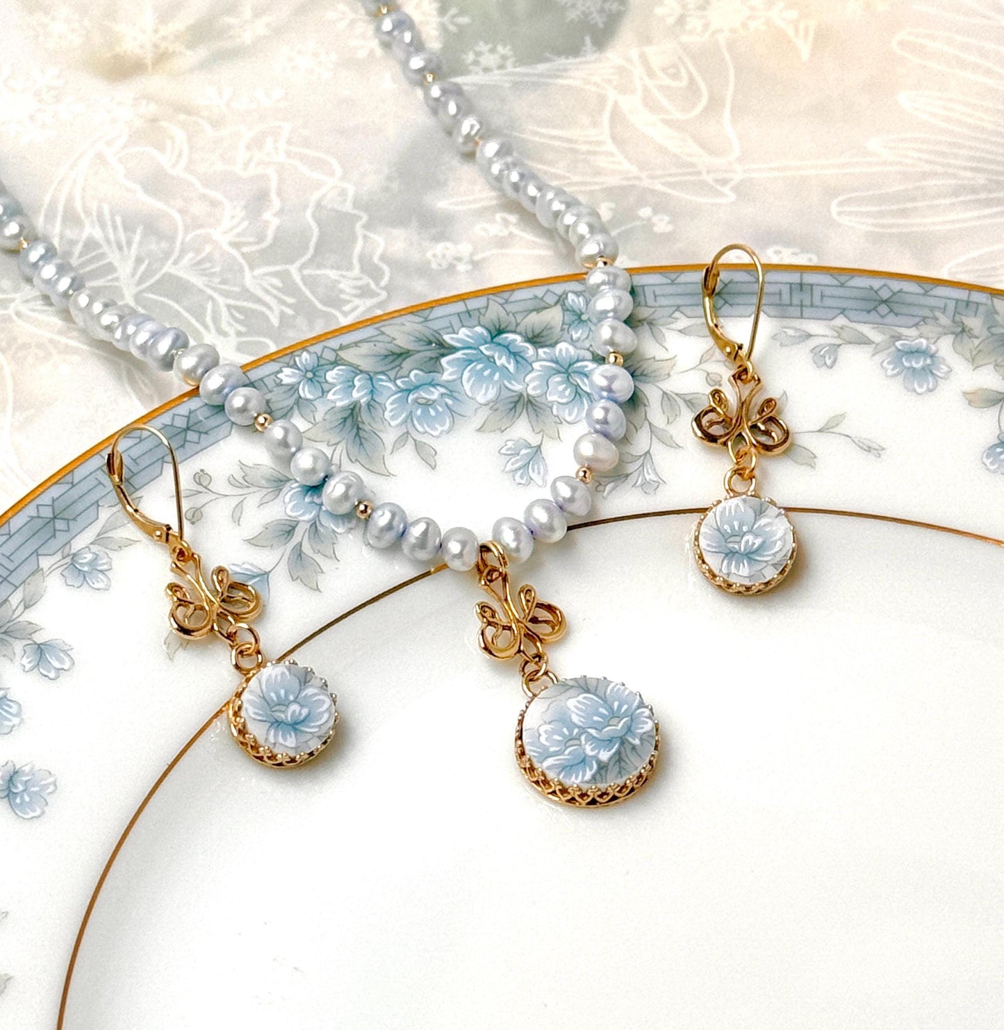 14k Solid Gold Jewelry Set, Unique 18th Anniversary Gifts for Wife, Dainty Pearl Jewelry, Porcelain Necklace and Earrings