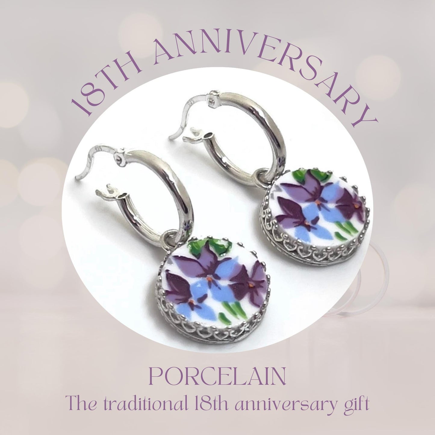 Unique 18th Wedding Anniversary Porcelain Gifts for Wife, Purple Violets, Hoop Earrings, Broken China Jewelry