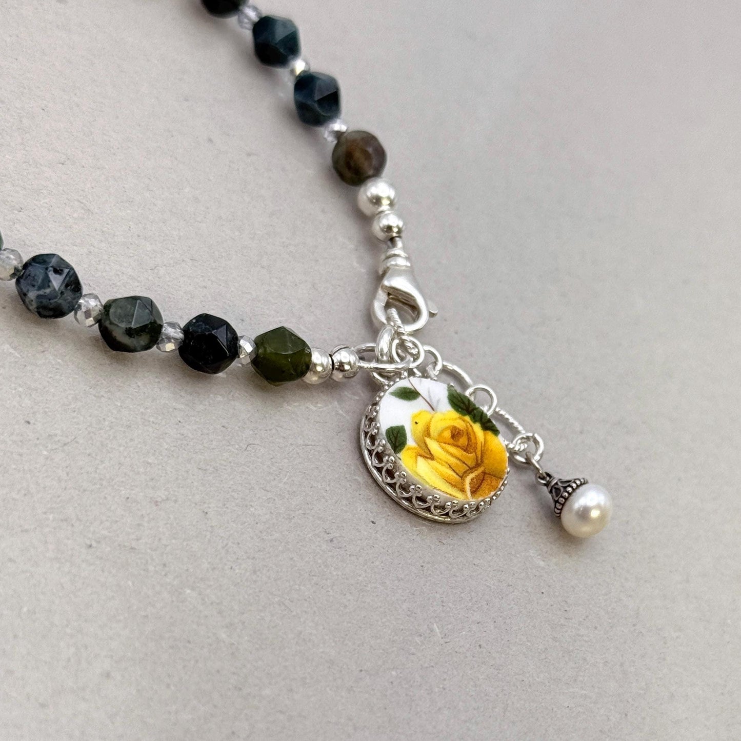 Adjustable Gemstone Bracelet, Broken China Jewelry, Victorian Yellow Rose Charm, Anniversary Gift for Her