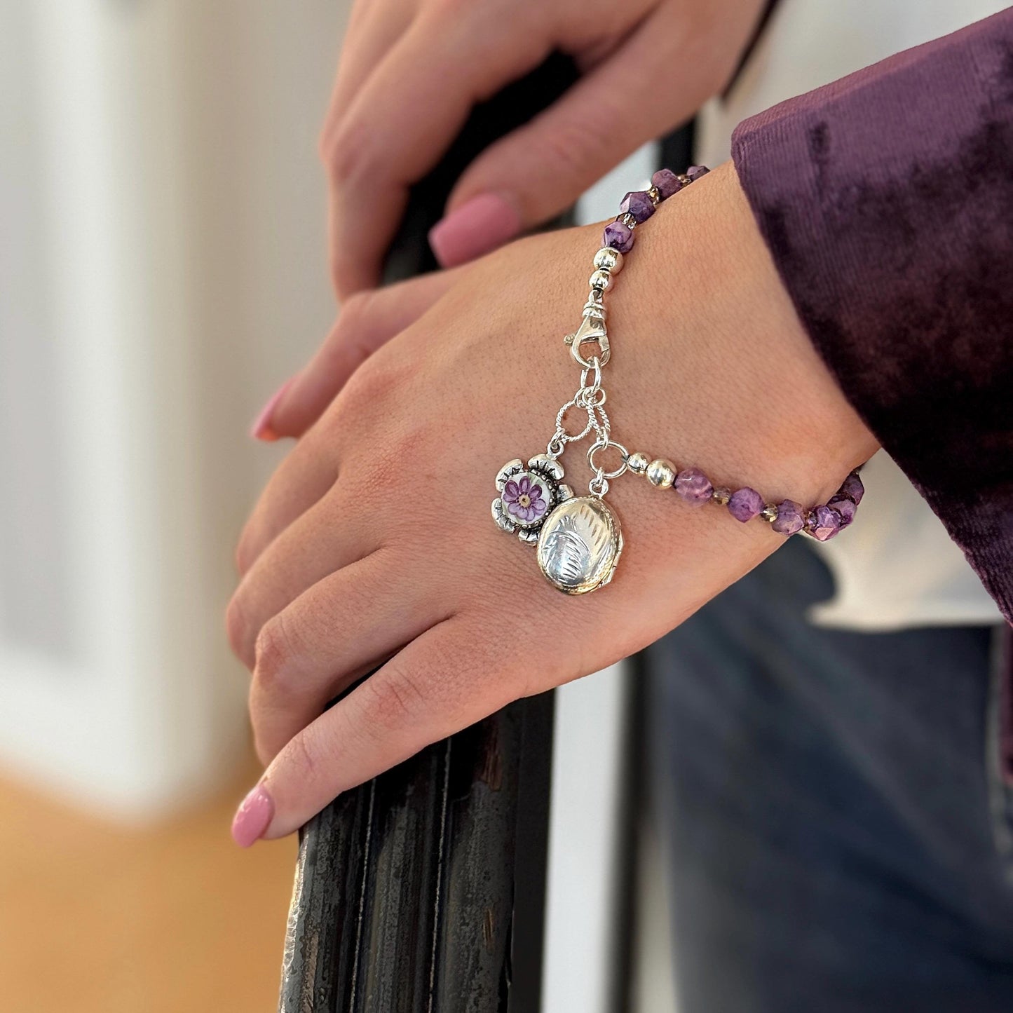 Porcelain Violet Flower Bracelet, Jasper Gemstone, Photo Locket, Traditional 18th Wedding Anniversary Gift for Wife, Broken China Jewelry