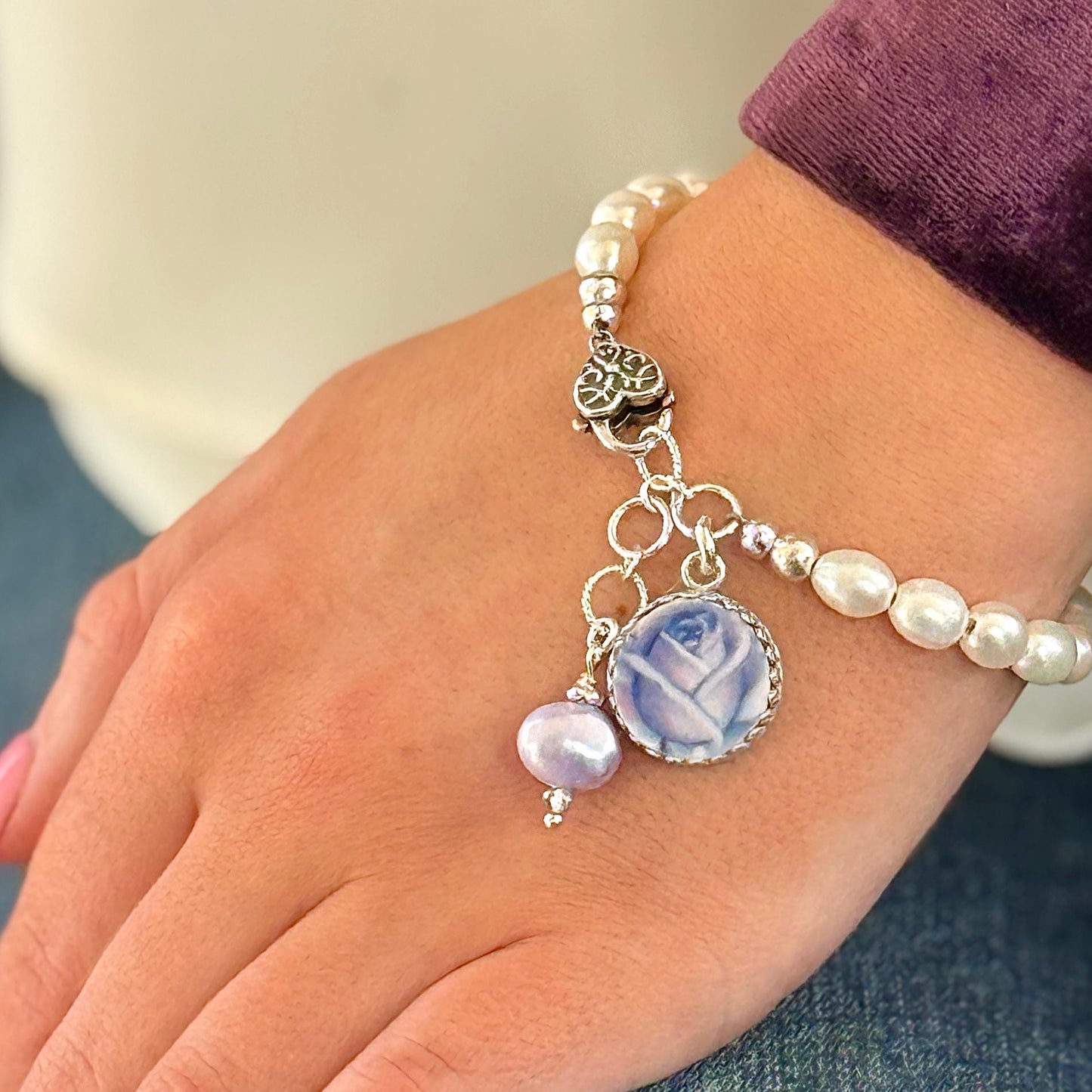 Traditional 20th Wedding Anniversary Gift for Wife, Broken China Jewelry Pearl Bracelet, Moonlight Rose