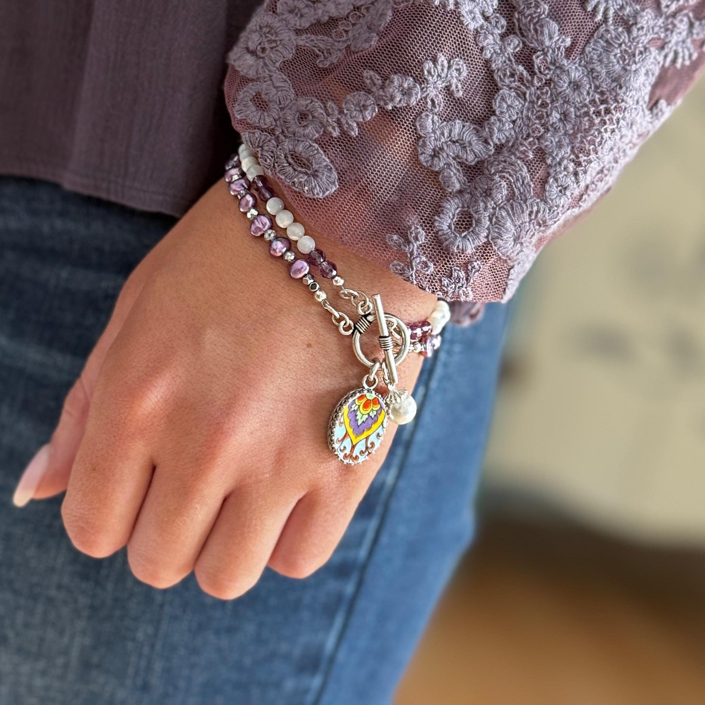 Purple Bohemian Amethyst Charm Bracelet, Mother of Pearl Beaded Bracelet, Boho Broken China Jewelry, 20th Anniversary Gifts for Wife