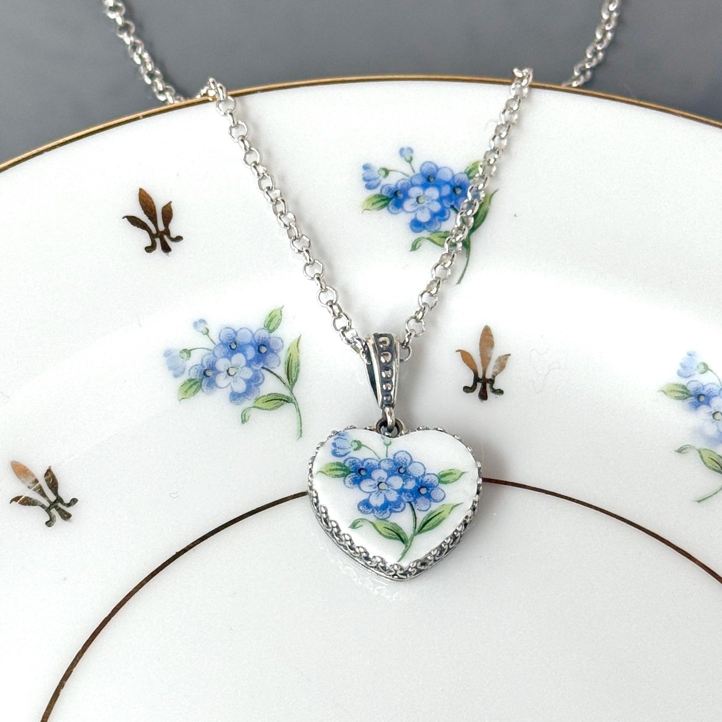 20th Anniversary China Gift for Wife, Sterling Silver Forget Me Not Necklace, Romantic Broken China Jewelry, Handmade Heart Necklace