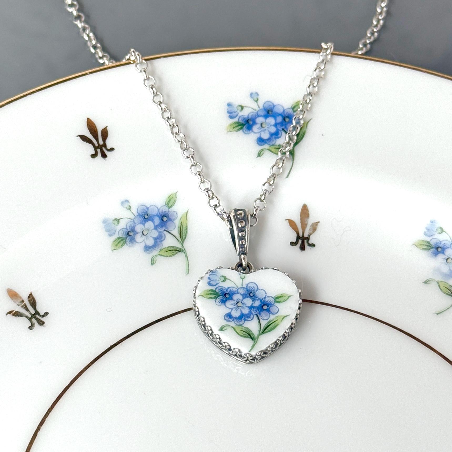 20th Anniversary China Gift for Wife, Sterling Silver Forget Me Not Necklace, Romantic Broken China Jewelry, Handmade Heart Necklace