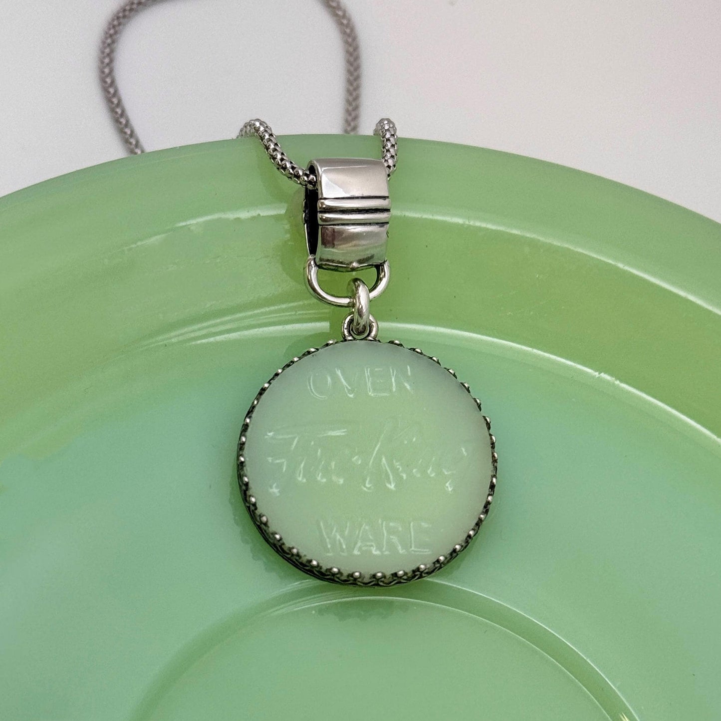 Jadeite Fire King Jewelry, Jadeite Junkies, Broken China Jewelry, Gifts for Mom, Sterling Silver Necklace, Unique Vintage Gifts for Women