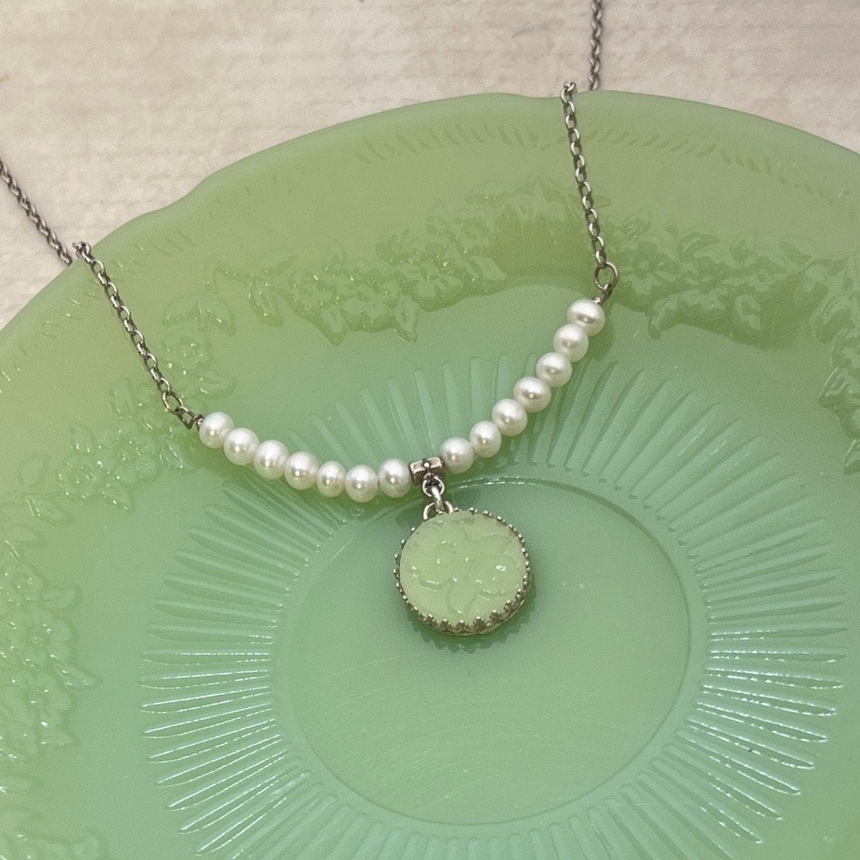 Dainty Jadeite and Freshwater Pearl Necklace, Sterling Silver, Made From Vintage Fire King Alice Plate, Unique Gifts for Women