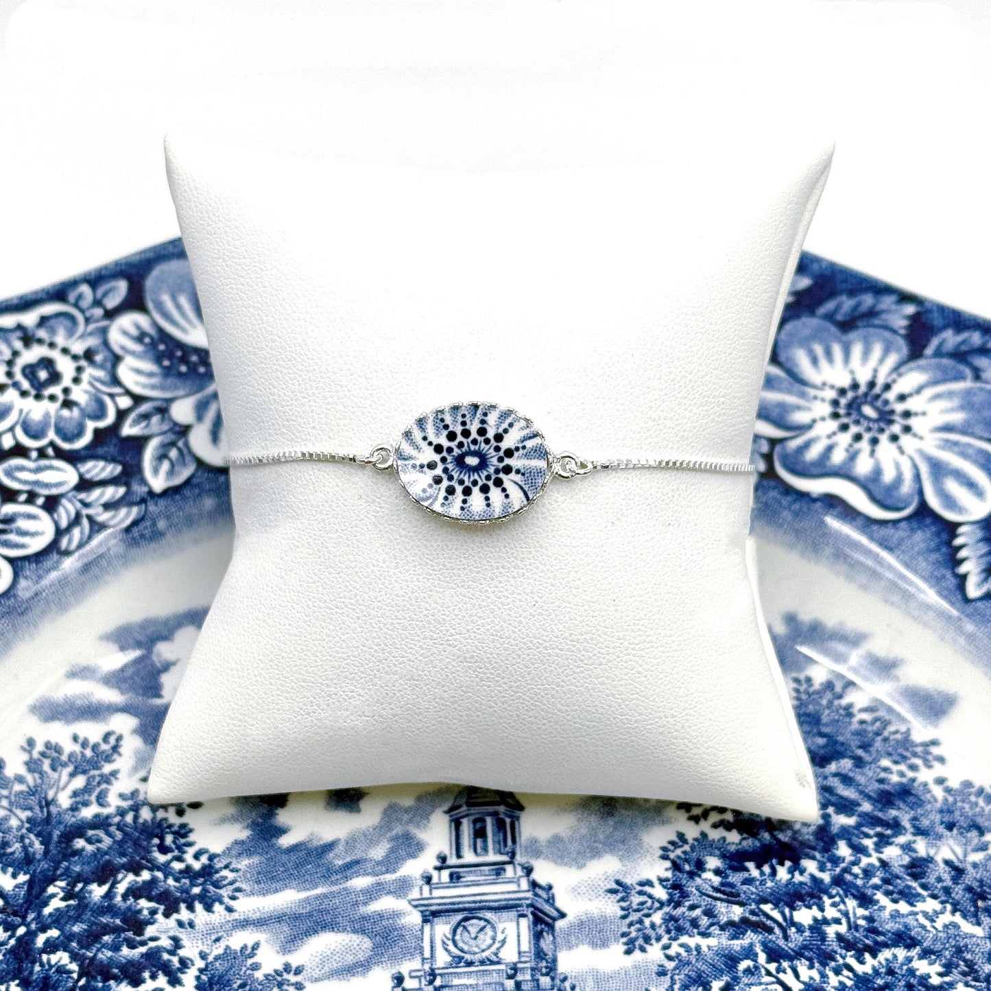 Dainty Adjustable Bolo Bracelet, Vintage Liberty Blue China, 2nd Anniversary Gifts for Her, Broken China Jewelry