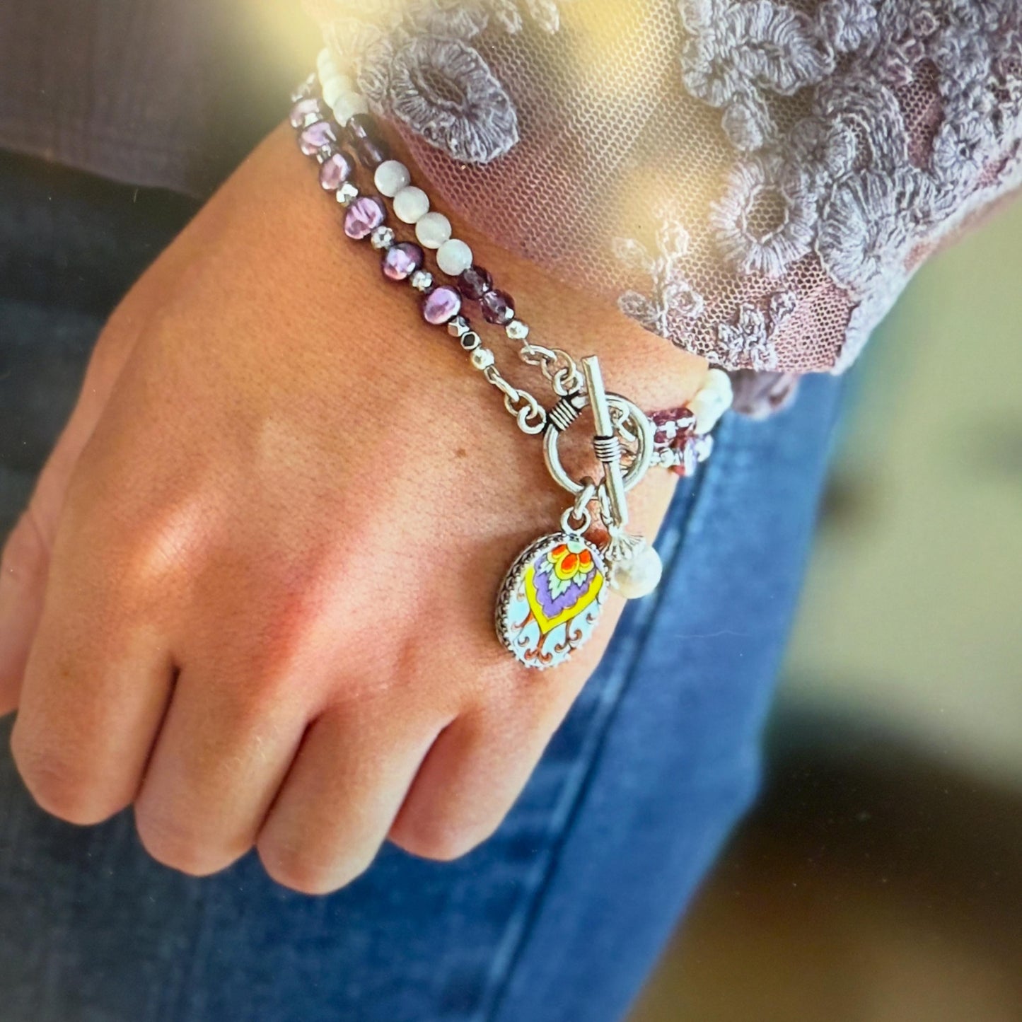 Purple Bohemian Amethyst Charm Bracelet, Mother of Pearl Beaded Bracelet, Boho Broken China Jewelry, 20th Anniversary Gifts for Wife