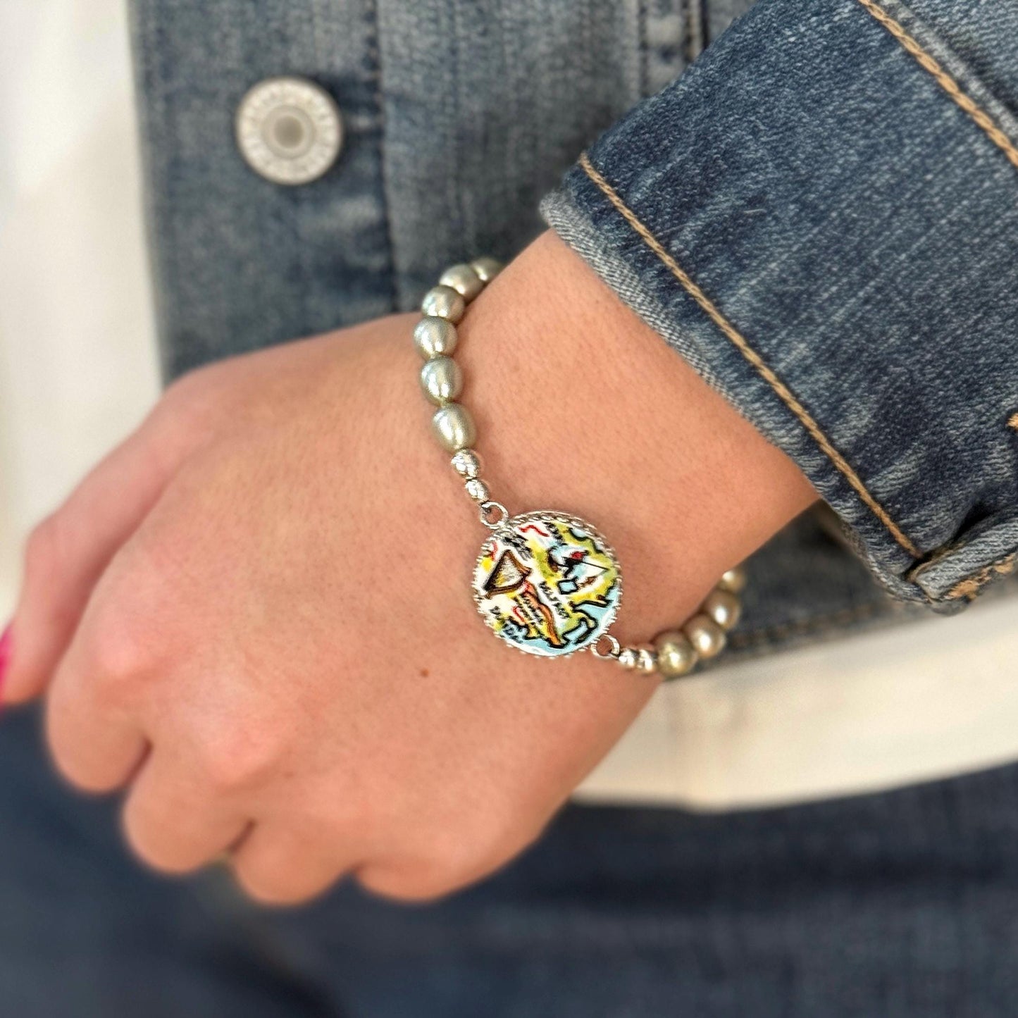 Belfast Map of Ireland Bracelet, Vintage Irish Broken China Jewelry, St Patricks Day Jewelry, Pearl Bracelet, Irish Harp, Mourne Mountains
