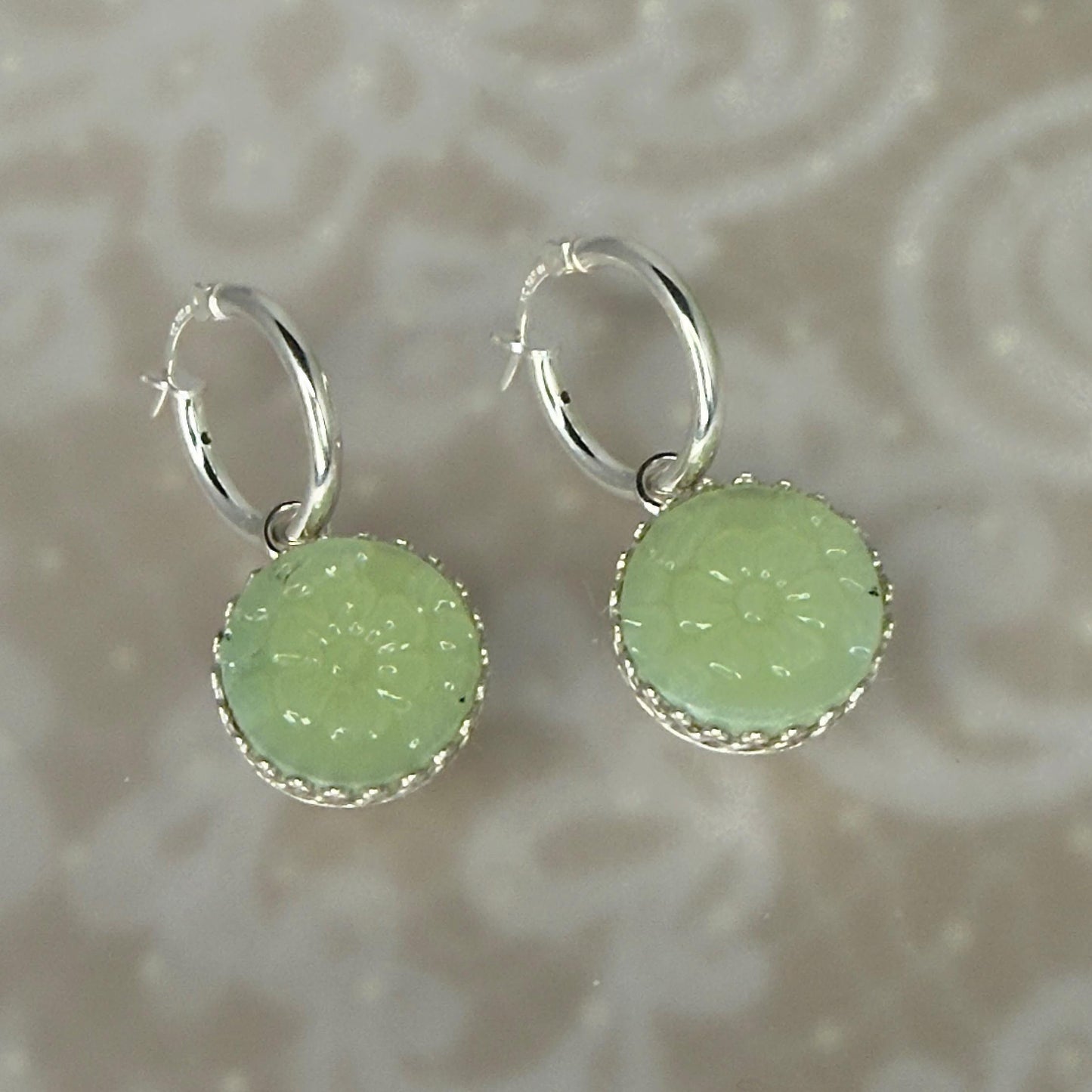 Fire King Jadeite Dangle Earrings, Unique Gifts for Wife, Broken China Jewelry, Sterling Silver Hoops