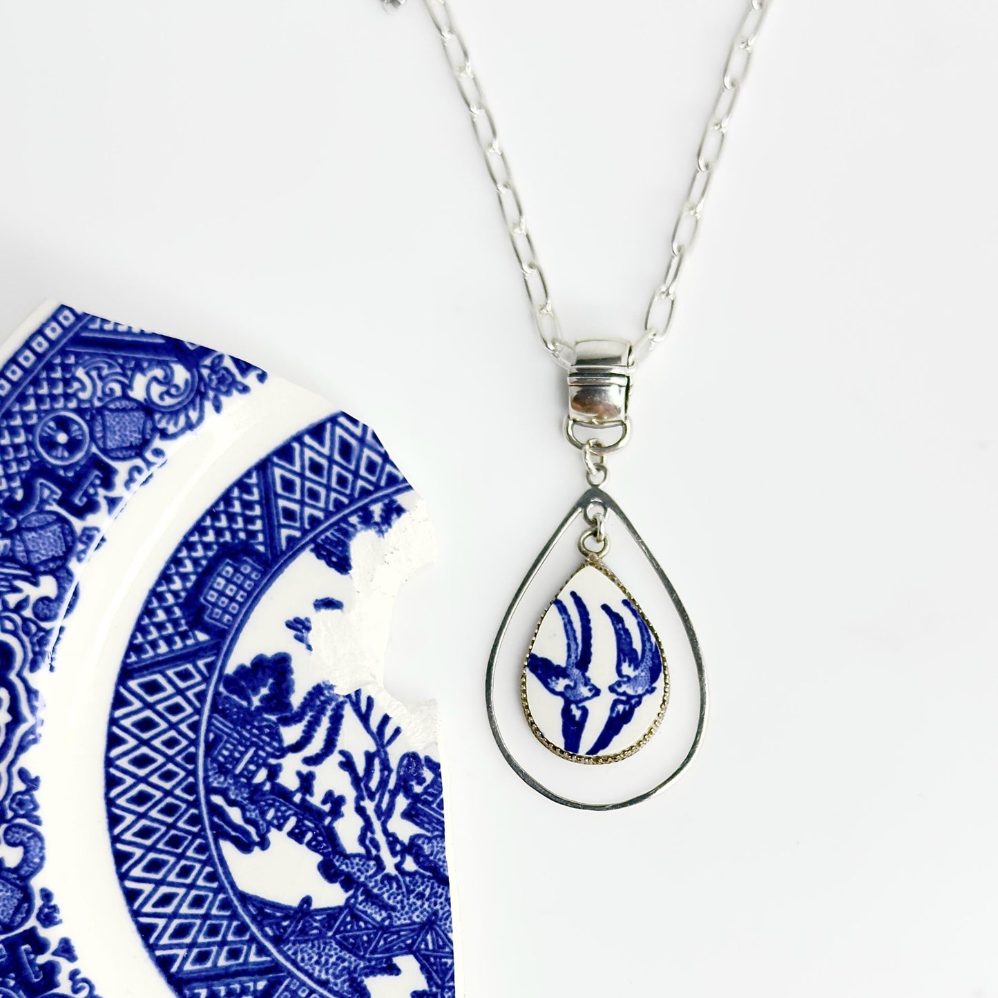 18th Wedding Anniversary Gift Ideas for Wife, Love Birds, Adjustable Blue Willow Porcelain Necklace, Romantic Gift for Her, Hammered Silver