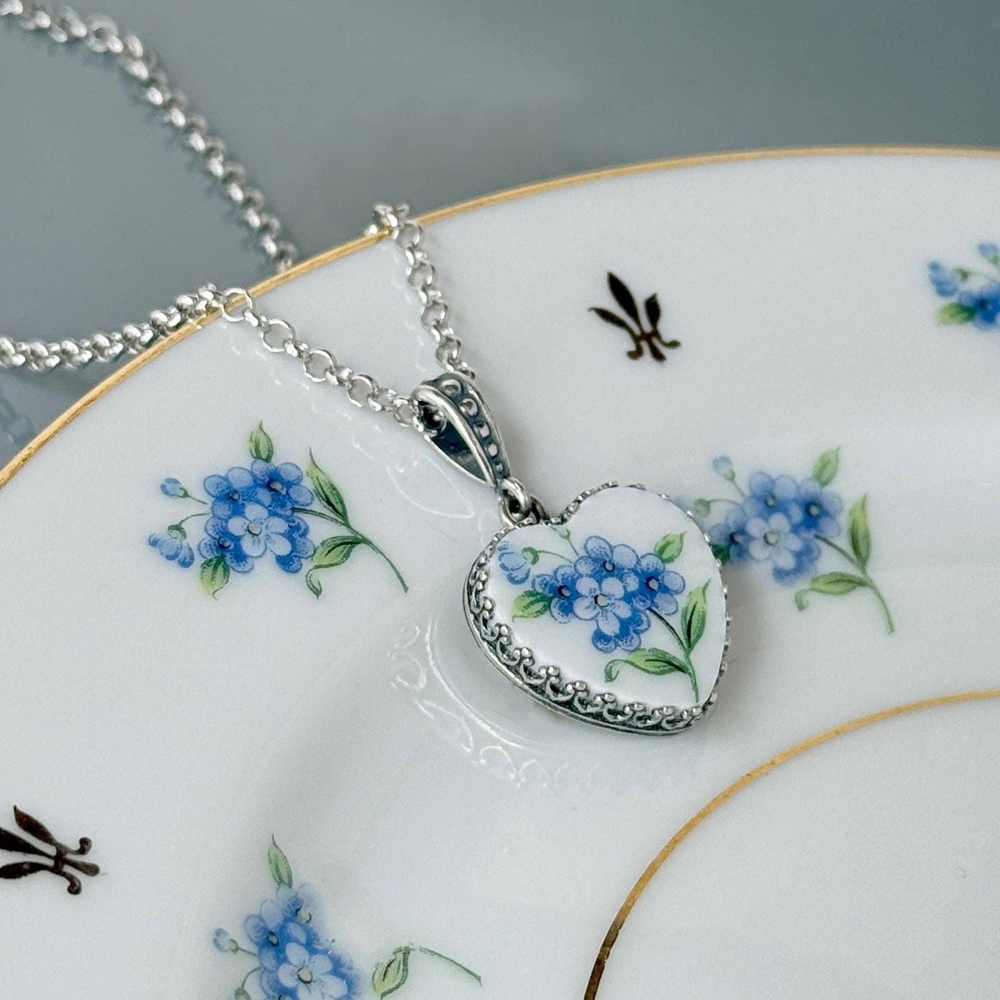 20th Anniversary China Gift for Wife, Sterling Silver Forget Me Not Necklace, Romantic Broken China Jewelry, Handmade Heart Necklace