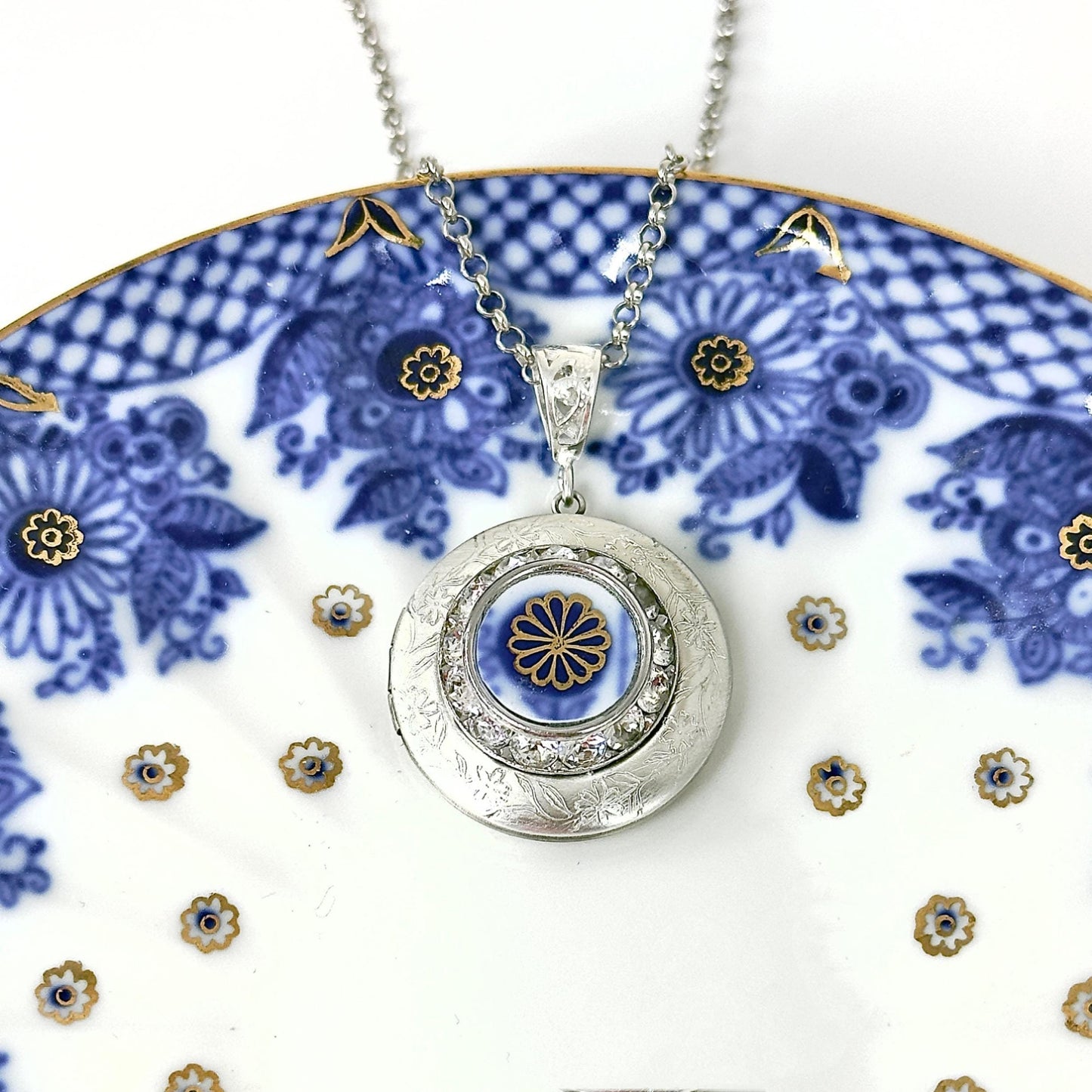 Locket Necklace, Lomonosov Porcelain, 18th or 20th Anniversary Gift for Wife, Broken China Jewelry Gifts for Her, Photo Locket for Women