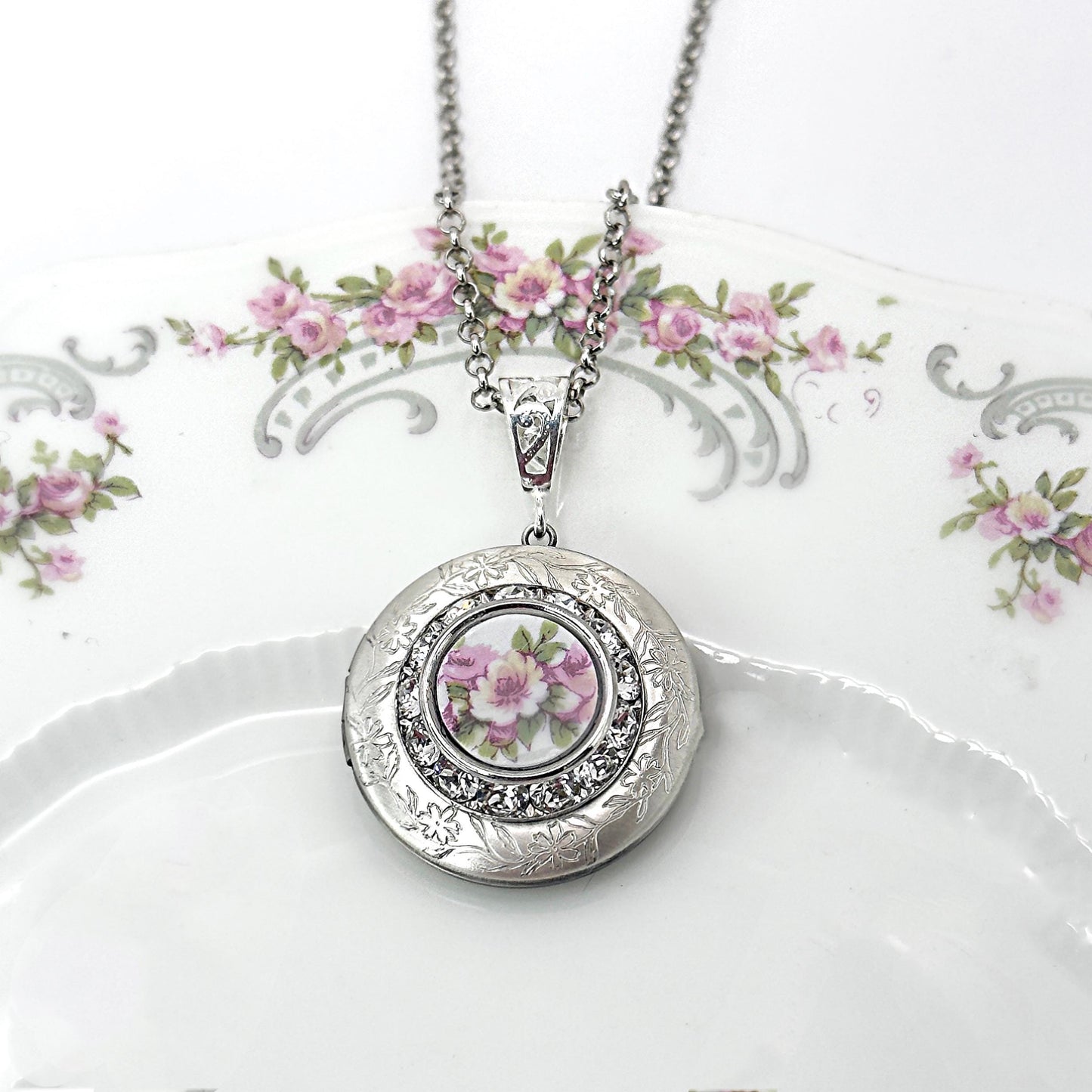 Broken China Jewelry Locket Necklace, Unique 20th Anniversary Gifts for Women, Vintage Photo Locket, French Limoges Pink Rose China Necklace