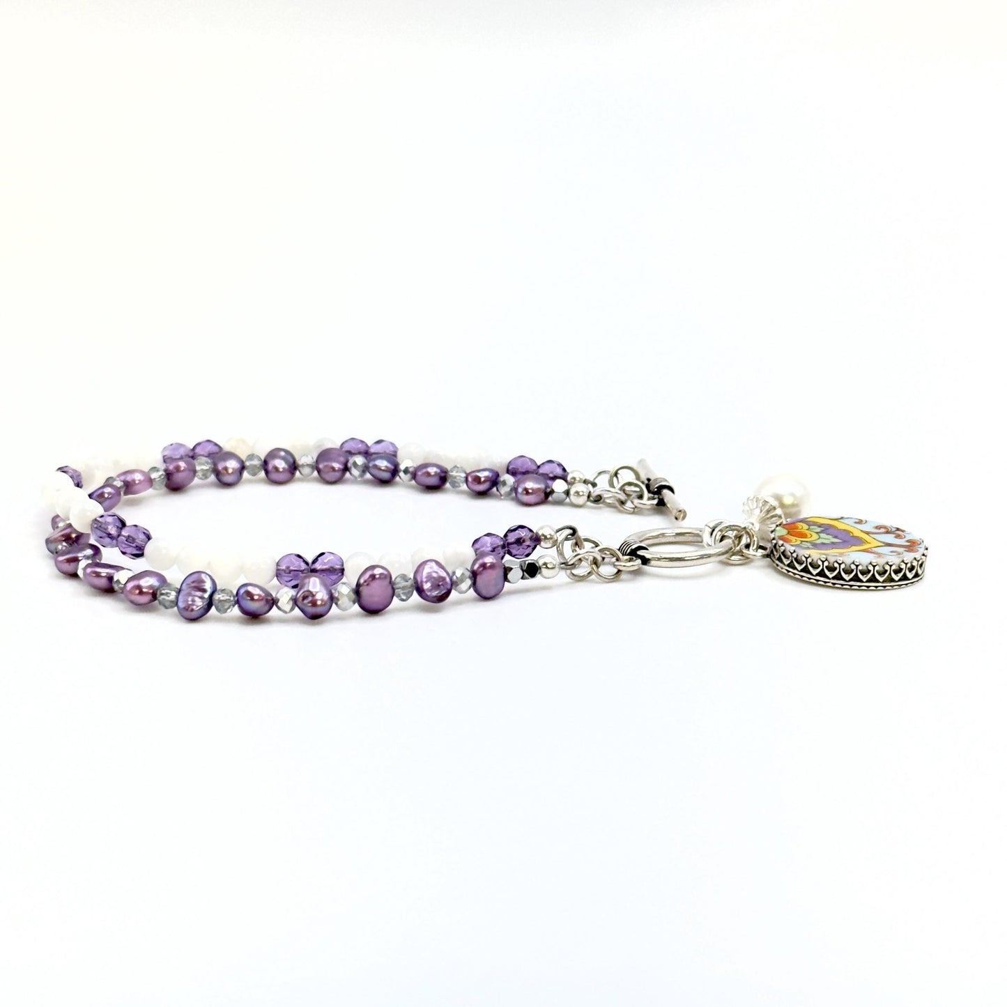 Purple Bohemian Amethyst Charm Bracelet, Mother of Pearl Beaded Bracelet, Boho Broken China Jewelry, 20th Anniversary Gifts for Wife