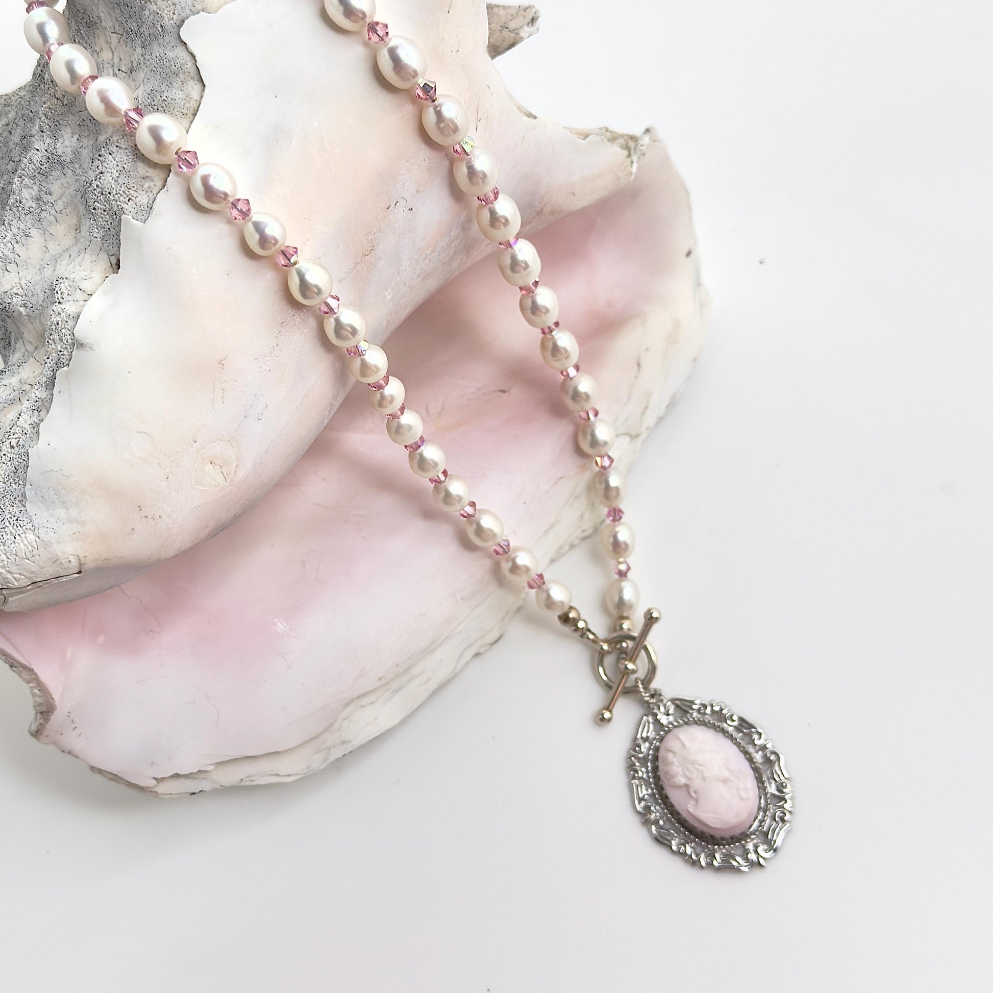 One-of-a-Kind Pink Cameo Statement Necklace, Italian Shell Cameo, Victorian Pearl Necklace, Sterling Silver, Gifts for Her