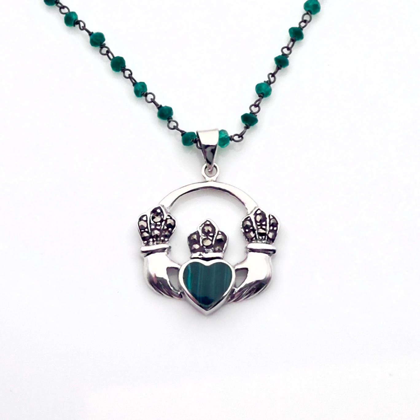 Green Onyx Claddagh Necklace, St Patricks Day Jewelry, Sterling Silver Necklace, Marcasite Pendant, Celtic Irish Gifts for Her