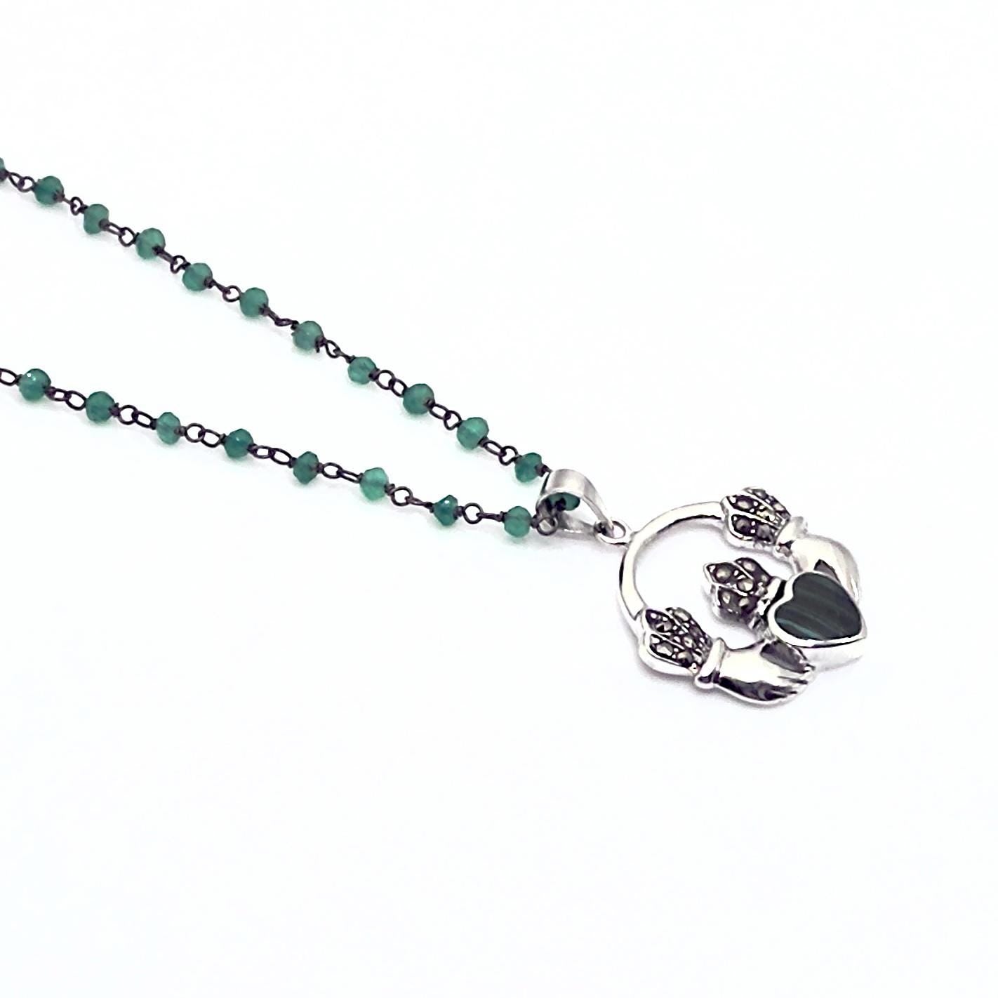 Green Onyx Claddagh Necklace, St Patricks Day Jewelry, Sterling Silver Necklace, Marcasite Pendant, Celtic Irish Gifts for Her