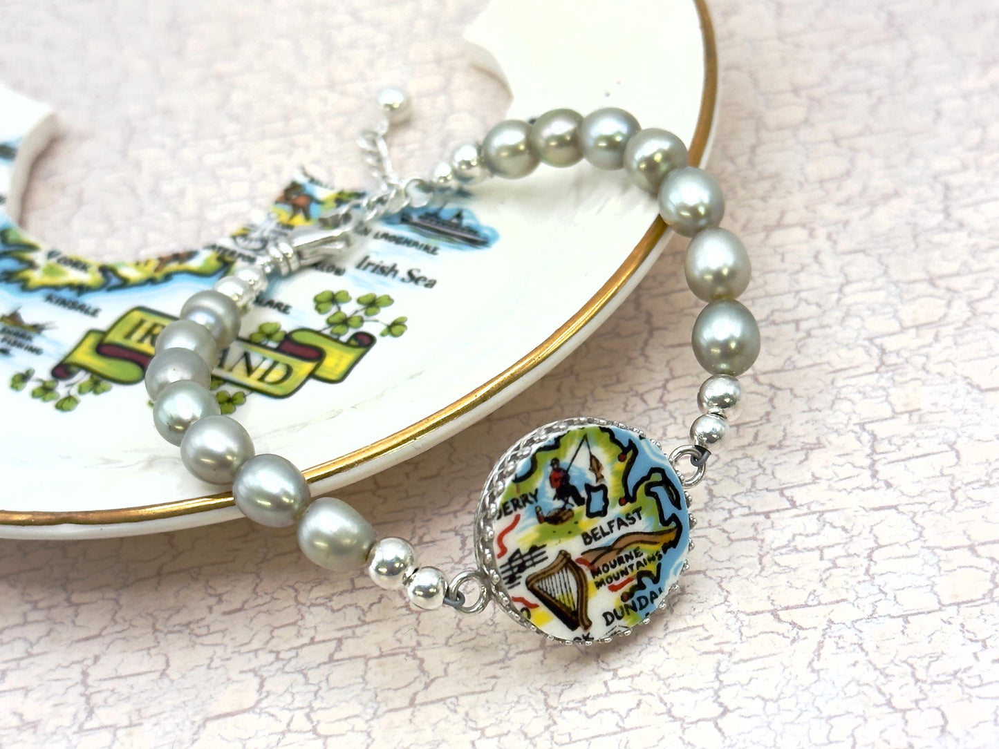 Belfast Map of Ireland Bracelet, Vintage Irish Broken China Jewelry, St Patricks Day Jewelry, Pearl Bracelet, Irish Harp, Mourne Mountains
