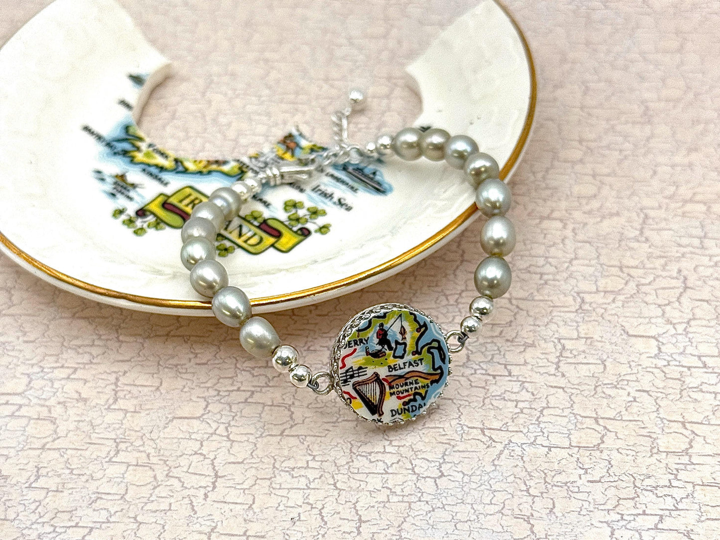 Belfast Map of Ireland Bracelet, Vintage Irish Broken China Jewelry, St Patricks Day Jewelry, Pearl Bracelet, Irish Harp, Mourne Mountains
