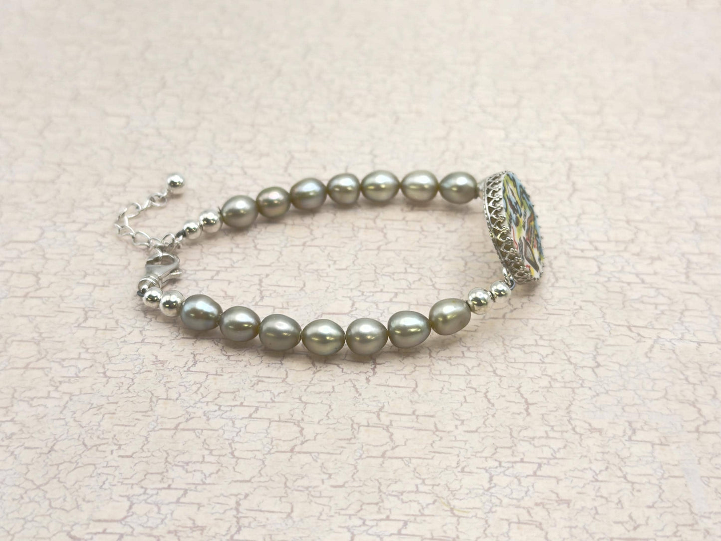 Belfast Map of Ireland Bracelet, Vintage Irish Broken China Jewelry, St Patricks Day Jewelry, Pearl Bracelet, Irish Harp, Mourne Mountains