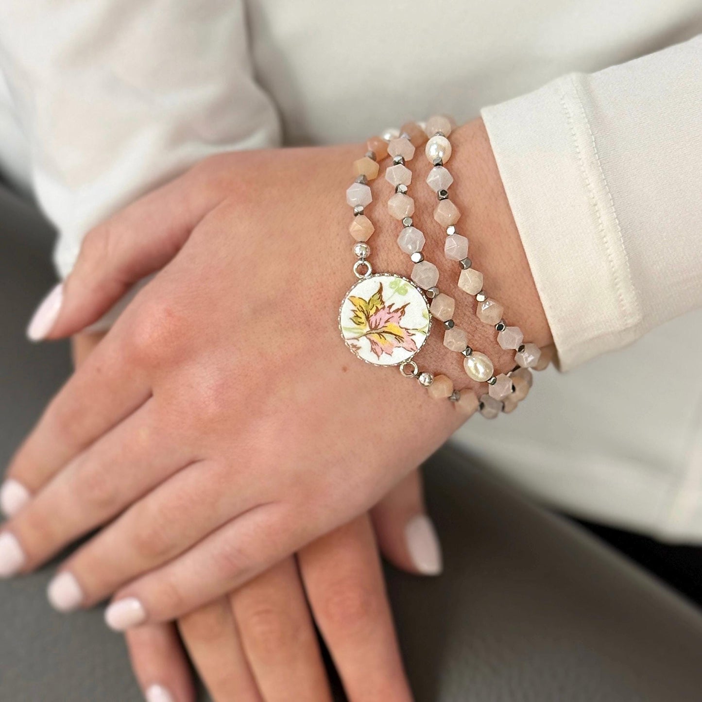 Maple Leaf China Charm, Natural Gemstone Beaded Wrap Bracelet, Limoges Porcelain Broken China Jewelry, Freshwater Pearls