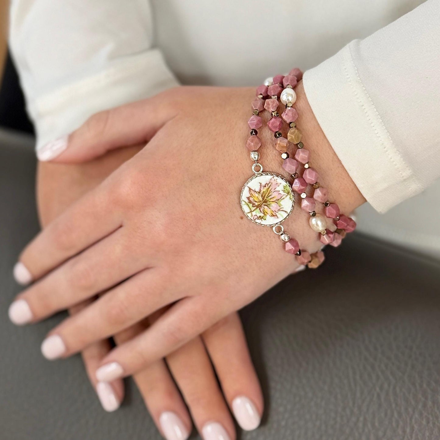 Natural Gemstone Beaded Wrap Bracelet, French Limoges Broken China Jewelry, Freshwater Pearls