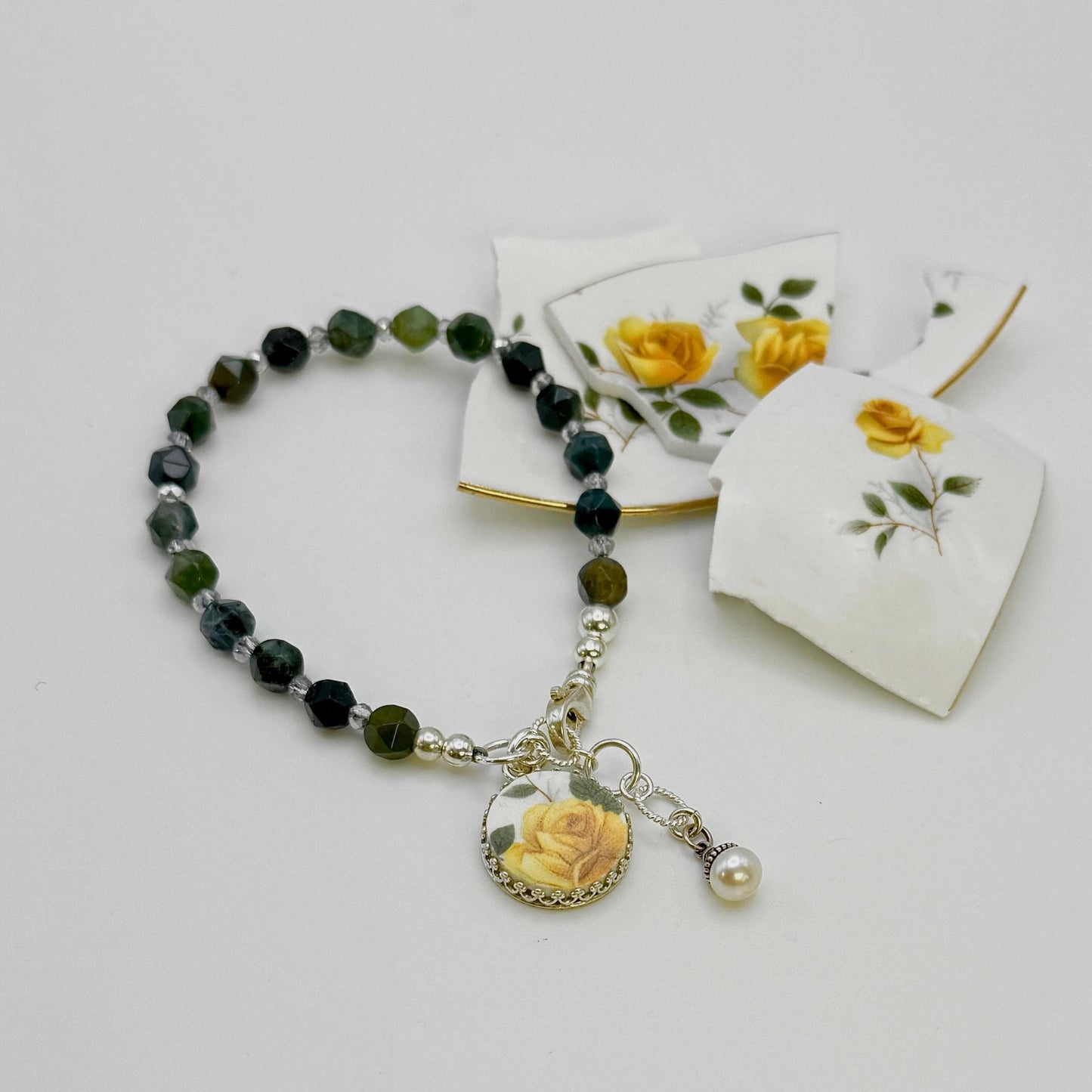 Adjustable Gemstone Bracelet, Broken China Jewelry, Victorian Yellow Rose Charm, Anniversary Gift for Her