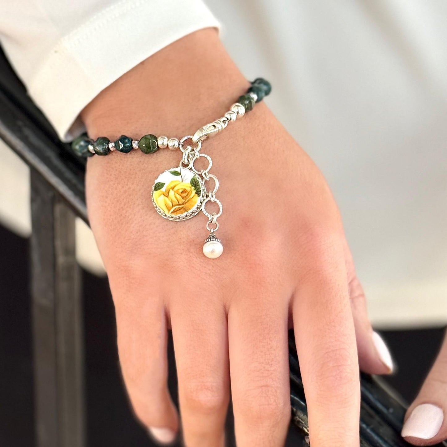 Adjustable Gemstone Bracelet, Broken China Jewelry, Victorian Yellow Rose Charm, Anniversary Gift for Her