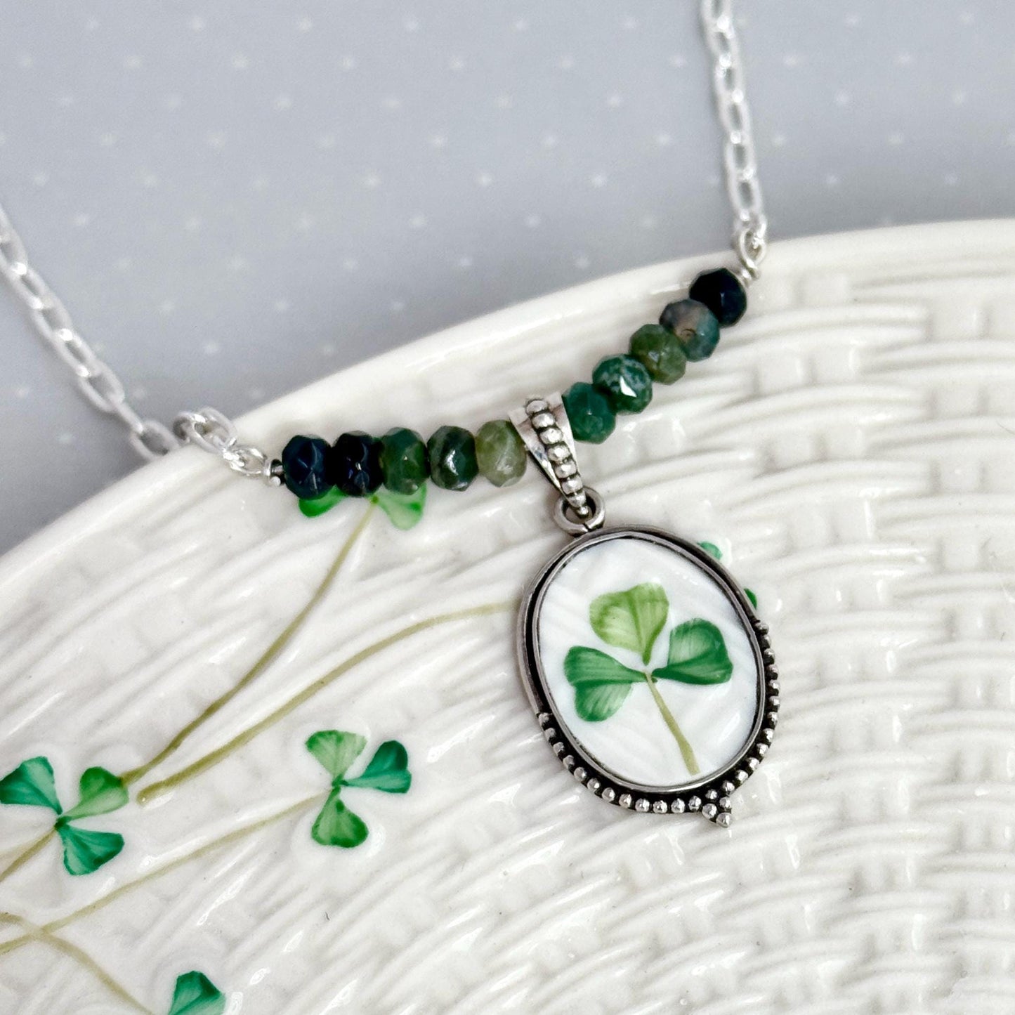 Celtic Shamrock Necklace, Irish Broken China Jewelry, 20th Anniversary Gift for Wife, Repurposed Vintage Belleek China, Unique Gifts for Her