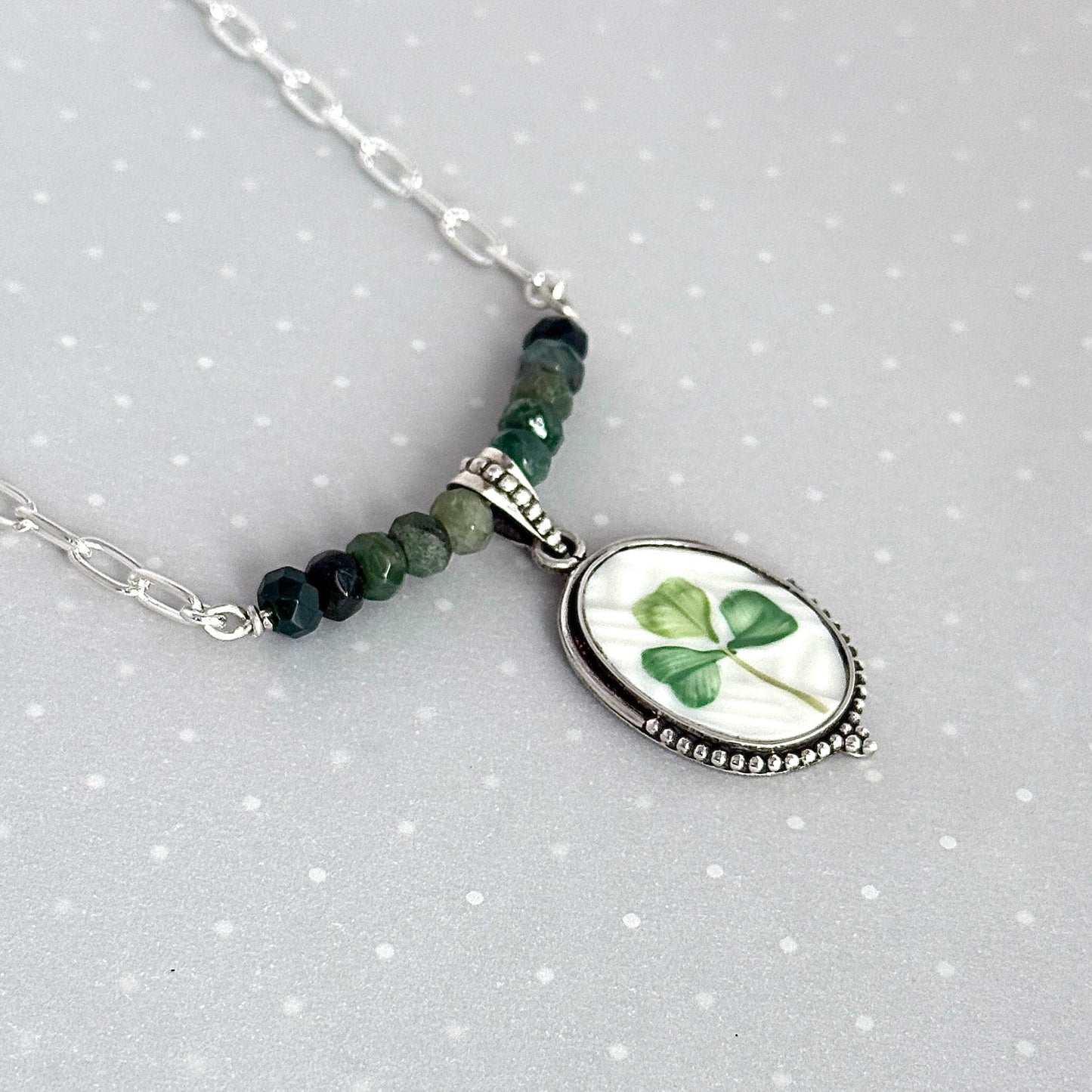 Celtic Shamrock Necklace, Irish Broken China Jewelry, 20th Anniversary Gift for Wife, Repurposed Vintage Belleek China, Unique Gifts for Her
