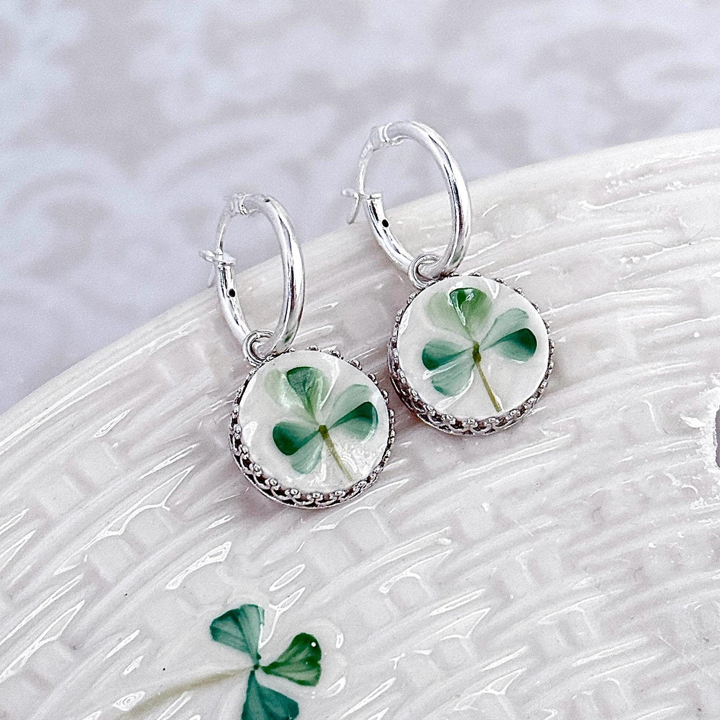 Belleek Shamrock Earrings, Vintage Irish Broken China Jewelry, Dainty Hoop Earrings, Hand Painted in Ireland, Celtic St Patricks Day Gifts