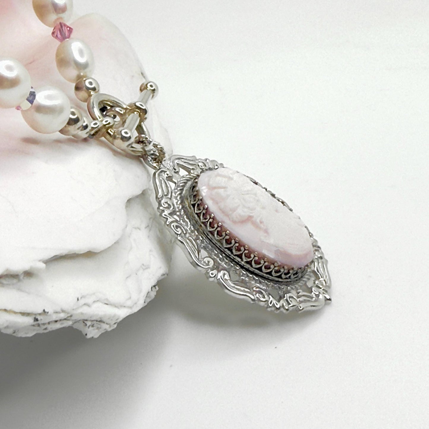 One-of-a-Kind Pink Cameo Statement Necklace, Italian Shell Cameo, Victorian Pearl Necklace, Sterling Silver, Gifts for Her