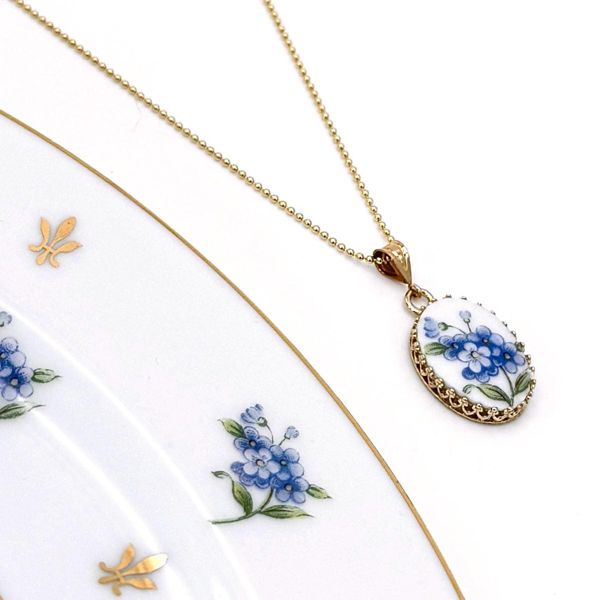 14k Gold Forget Me Not Pendant Necklace, Solid Gold Broken China Jewelry, 20th Anniversary Gifts for Wife, Golden 50th Anniversary Gift