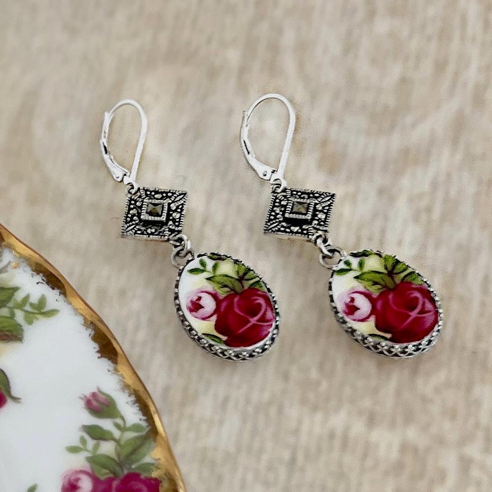 20th Anniversary Gifts, Gift for Wife, Broken China Jewelry Marcasite Earrings, Sterling Silver, Old Country Roses Red Roses for Love