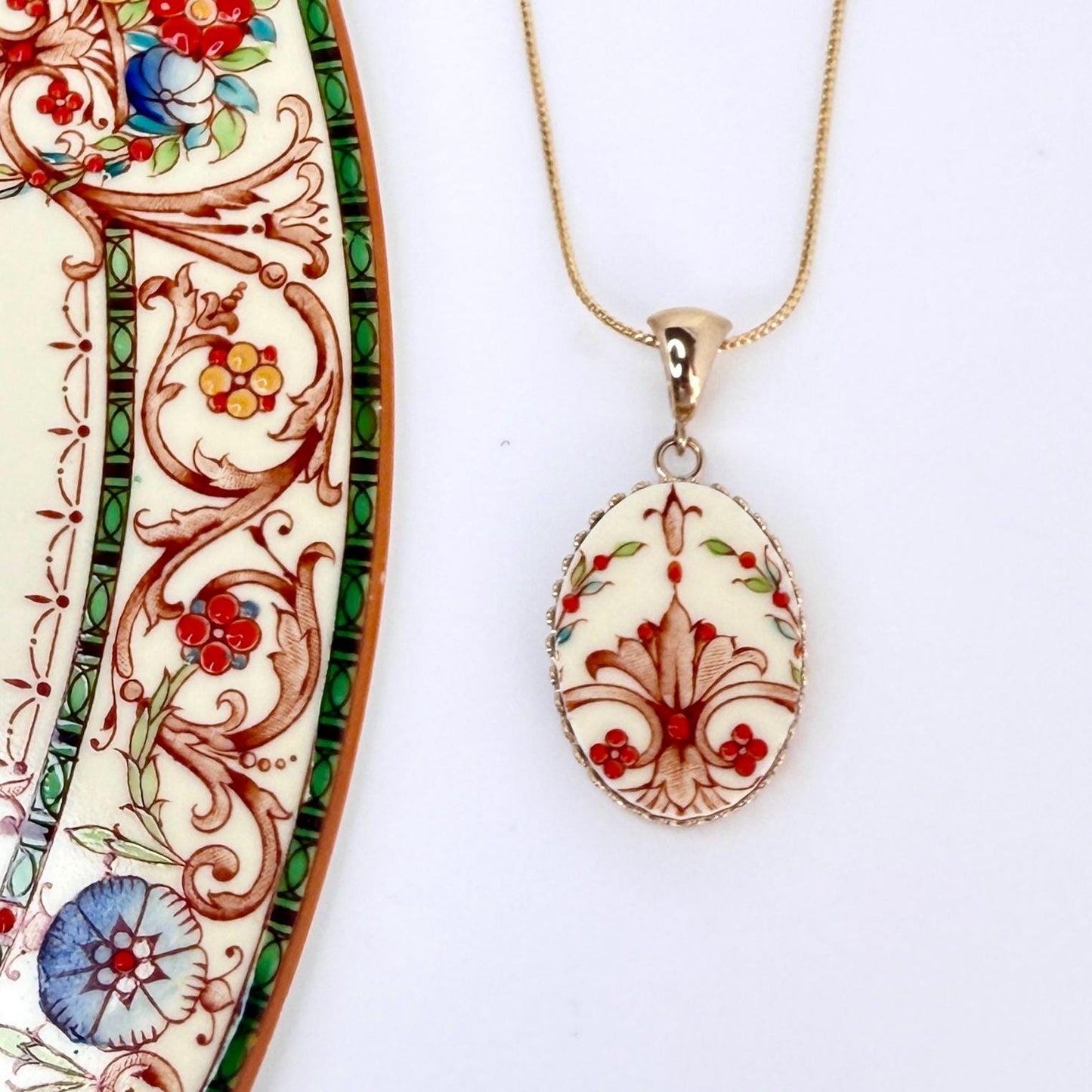 14k Solid Gold 18th or 20th Wedding Anniversary Gift for Wife, Victorian Broken China Jewelry Pendant or Necklace, Handmade Jewelry for Her