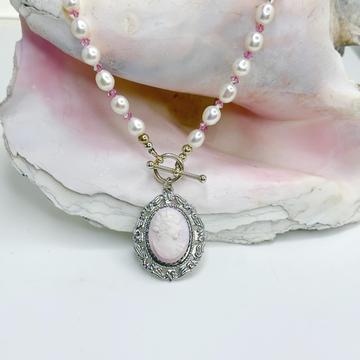 One-of-a-Kind Pink Cameo Statement Necklace, Italian Shell Cameo, Victorian Pearl Necklace, Sterling Silver, Gifts for Her