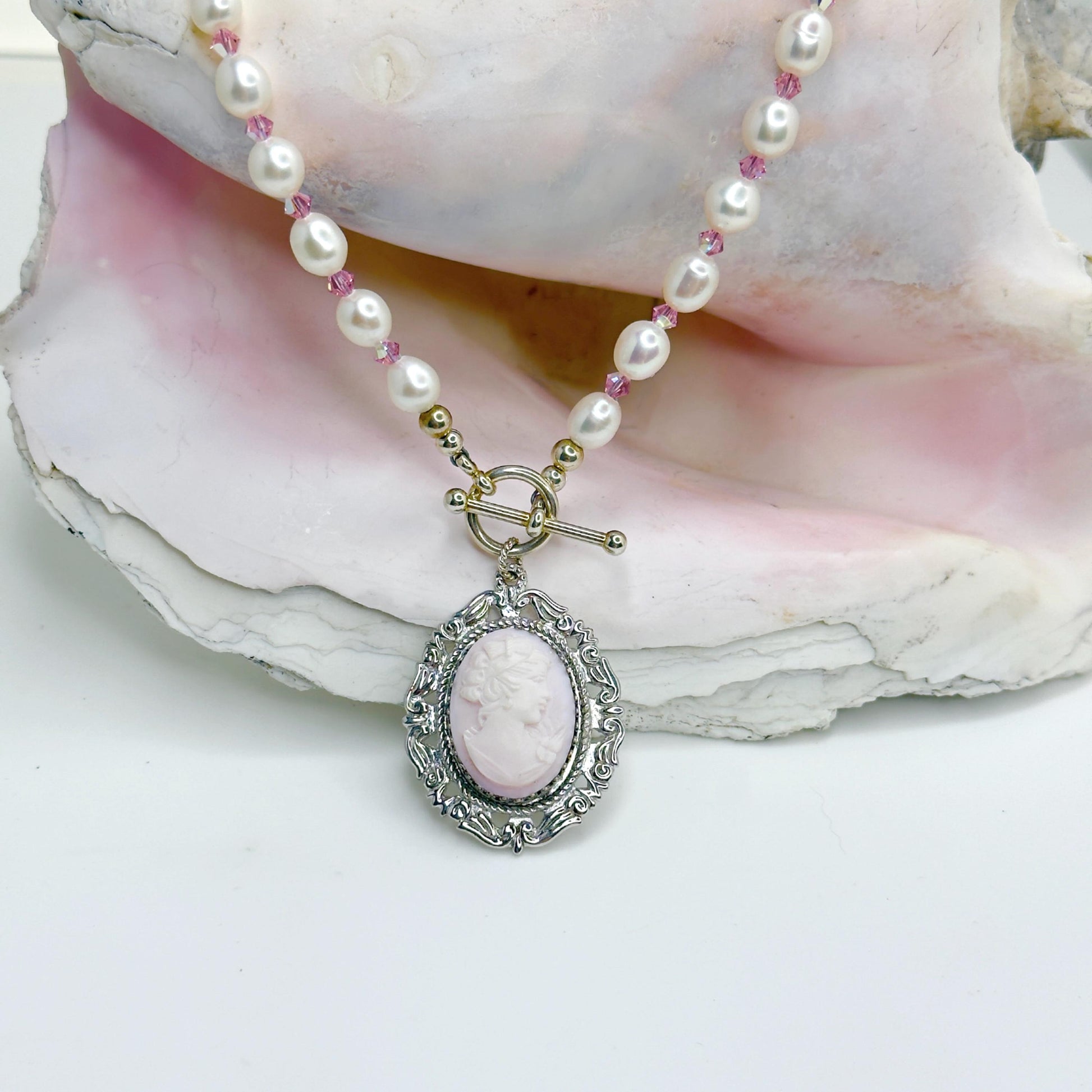 One-of-a-Kind Pink Cameo Statement Necklace, Italian Shell Cameo, Victorian Pearl Necklace, Sterling Silver, Gifts for Her