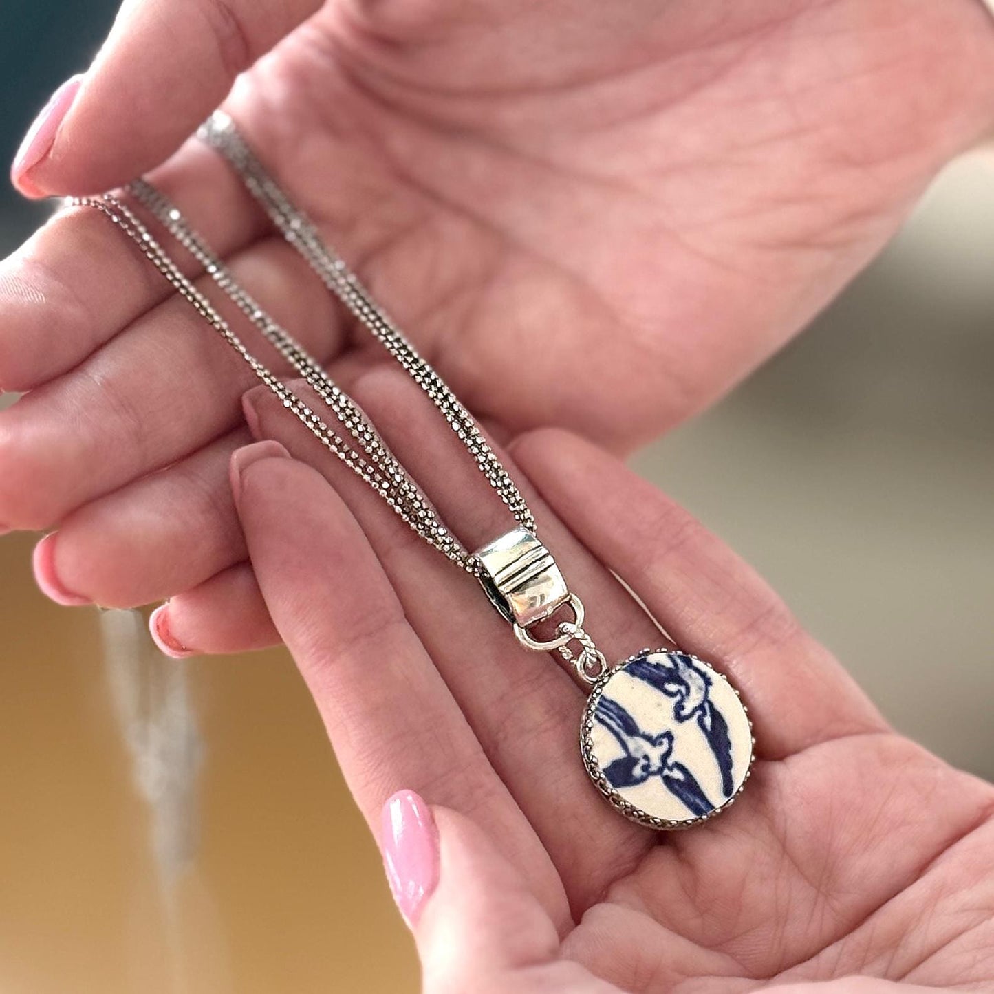 Romantic 20th Anniversary Gifts for Wife, Love Birds Necklace, Vintage Blue Willow Broken China Jewelry, Sterling Silver
