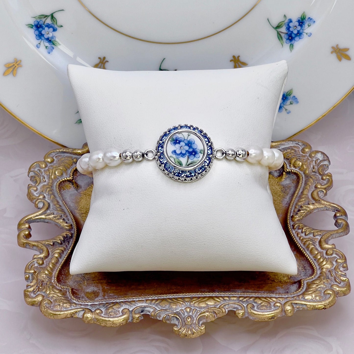Forget Me Not Freshwater Pearl and Crystal Bracelet, Vintage Broken China Jewelry, Unique 18th or 20th Wedding Anniversary Gifts for Wife