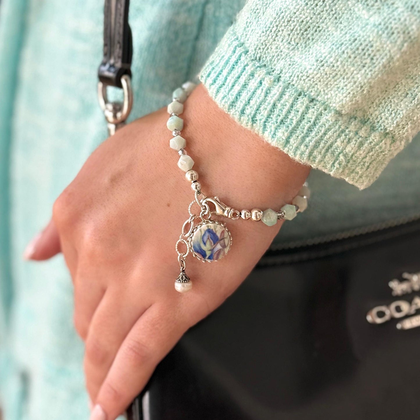 Vintage Blue Rose Charm Bracelet, Royal Albert Moonlight Rose Broken China Jewelry, Romantic 18th and 20th Anniversary Gifts, Amazonite