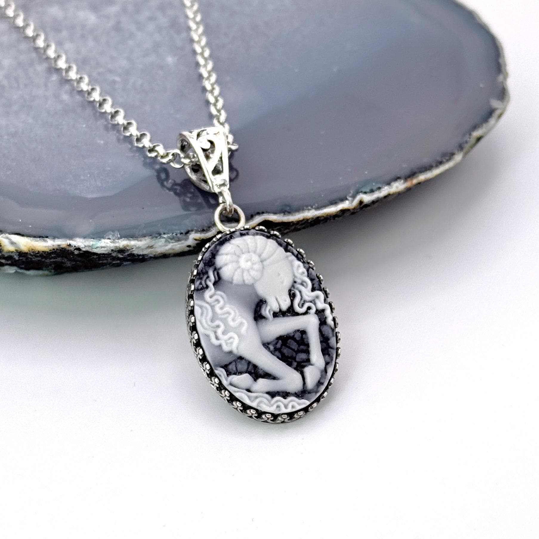 Aries Ram Cameo Necklace, March April Birthday Gift for Her, Astrology Birth Sign Sterling Silver Jewelry, Authentic Cameo, Sterling Silver