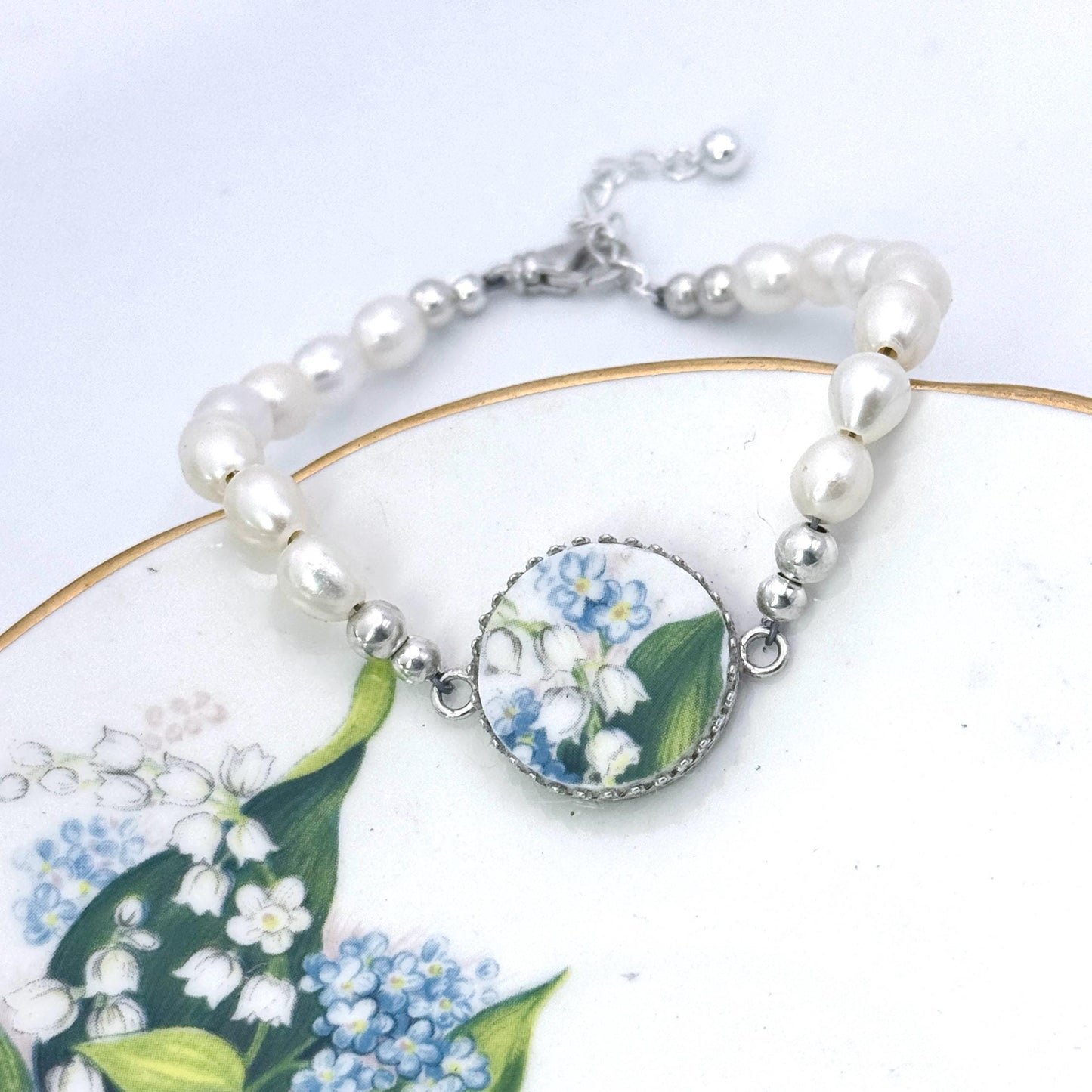 Lily of the Valley Pearl Flower Bracelet, 20th Anniversary Gifts for Wife, Silver Broken China Jewelry, Forget Me Not Bracelet