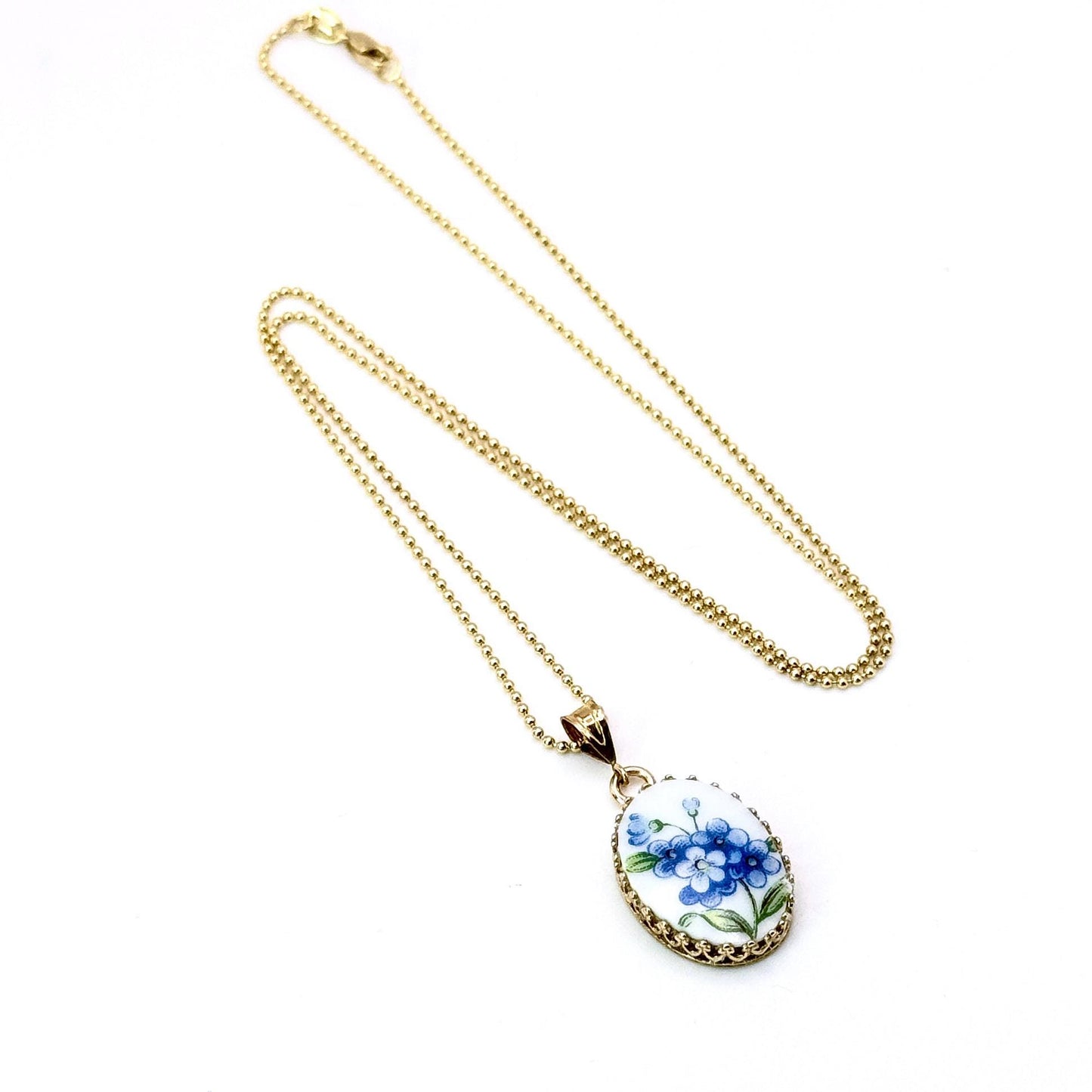 14k Gold Forget Me Not Pendant Necklace, Solid Gold Broken China Jewelry, 20th Anniversary Gifts for Wife, Golden 50th Anniversary Gift